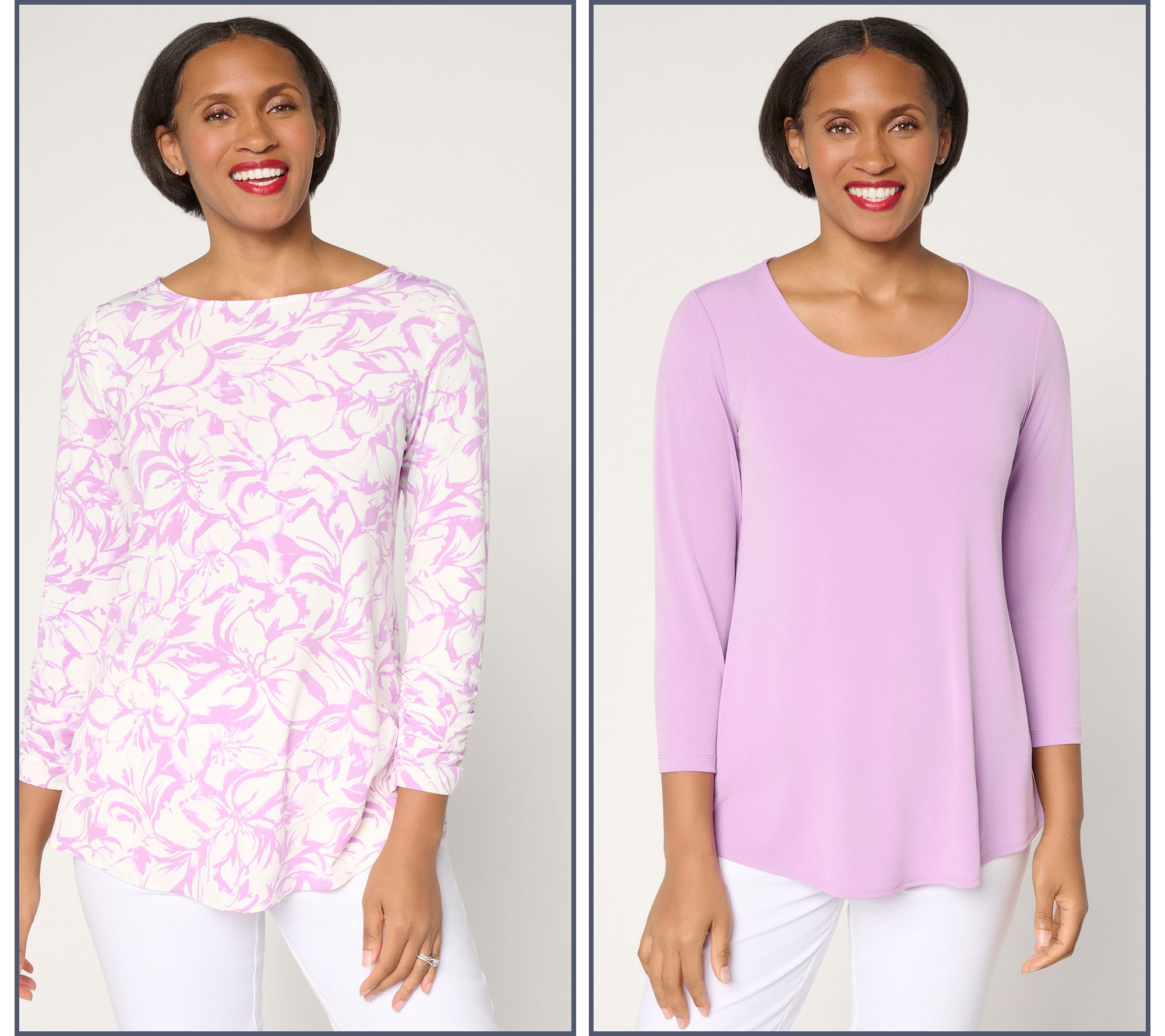 Susan Graver Petite Liquid Knit Set of 2 Print & Solid Tops