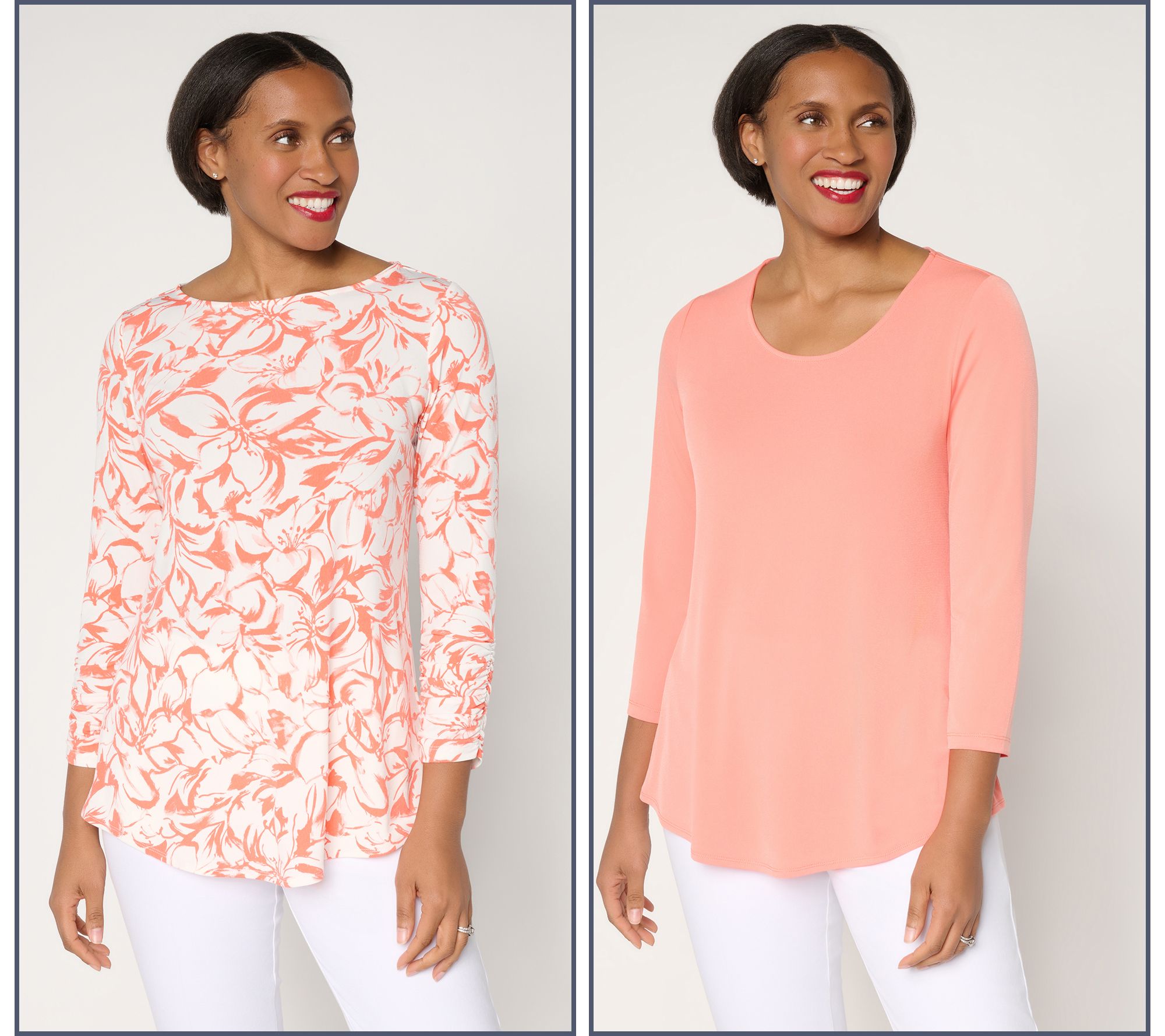 Susan Graver Petite Liquid Knit Set of 2 Print & Solid Tops