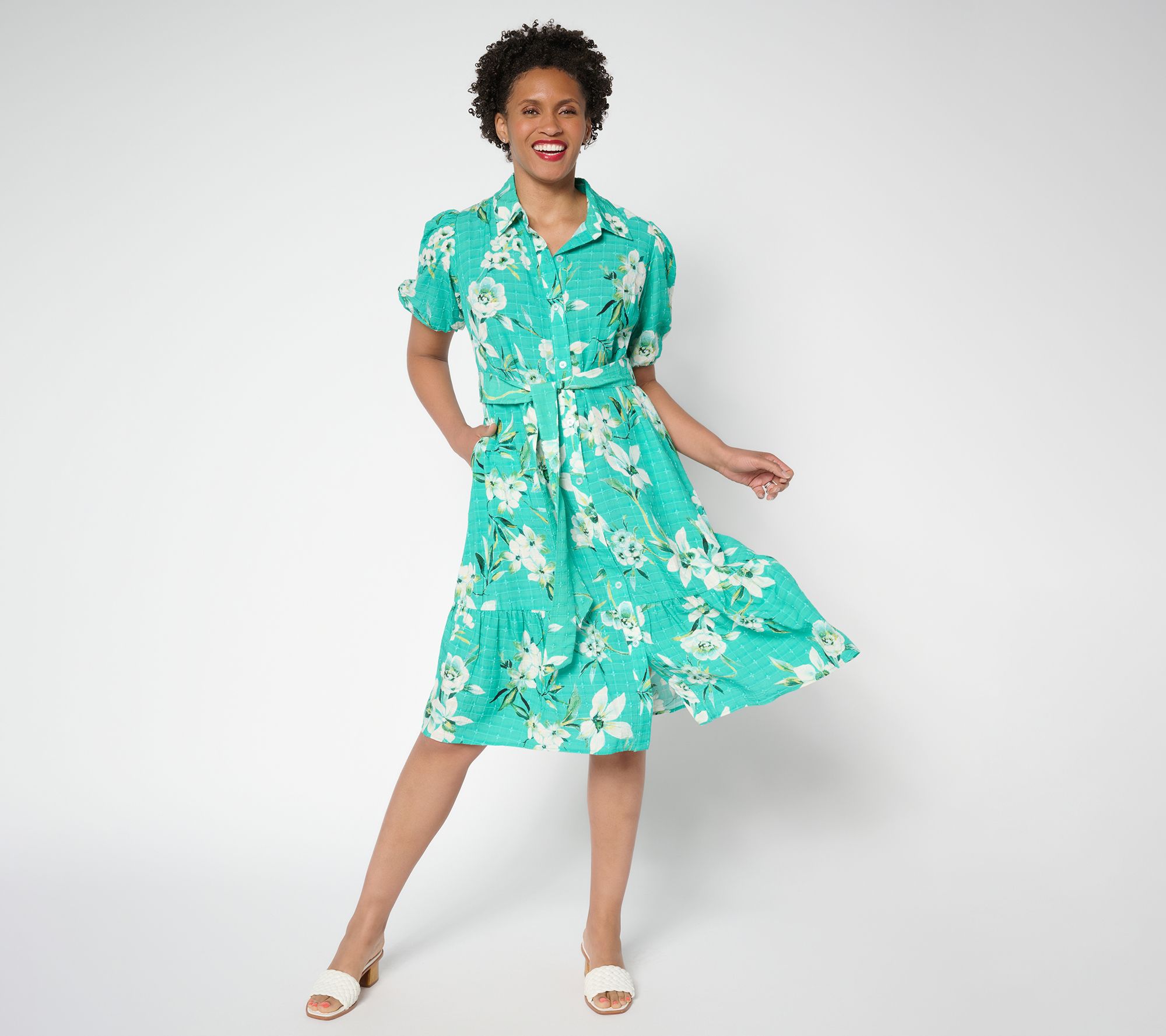 Susan Gravaer Regular Printed Textured Woven Button Front Midi Dress