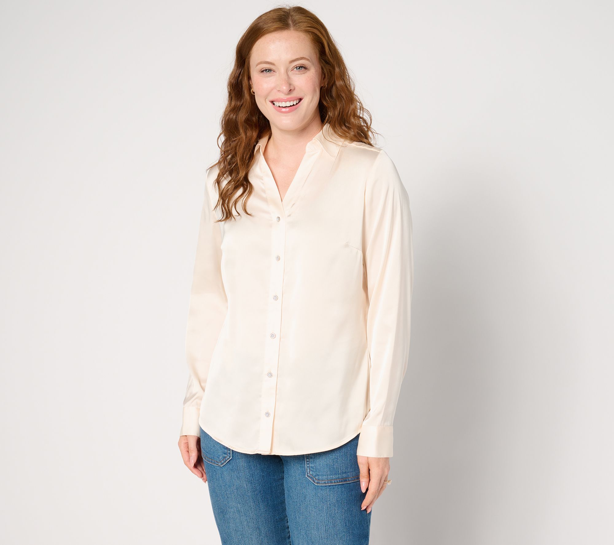 "As Is" Denim & Co. Satin Long Sleeve Button Front Top