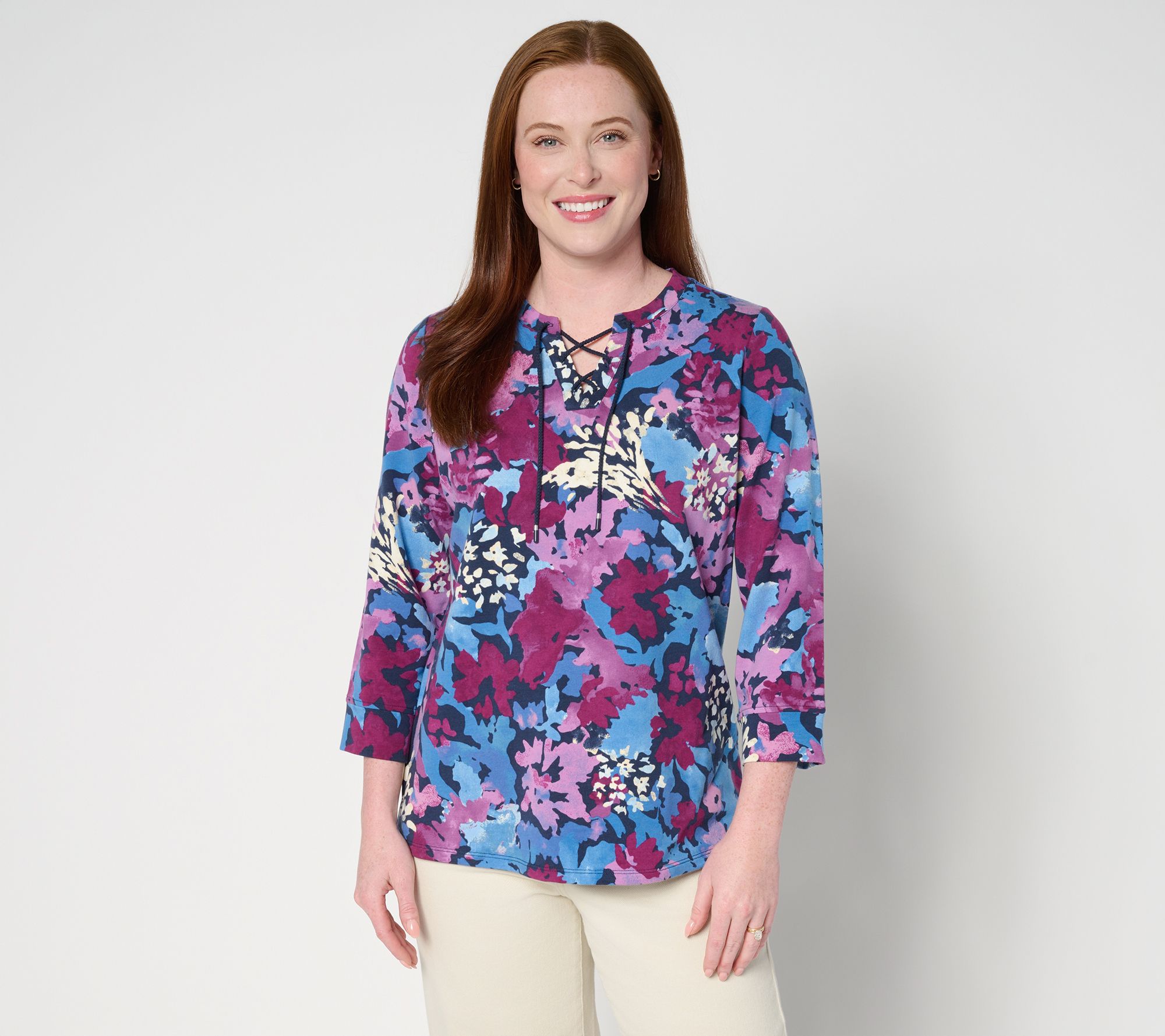 Denim & co. Active Printed French Terry 3/4 Sleeve Top - QVC.com