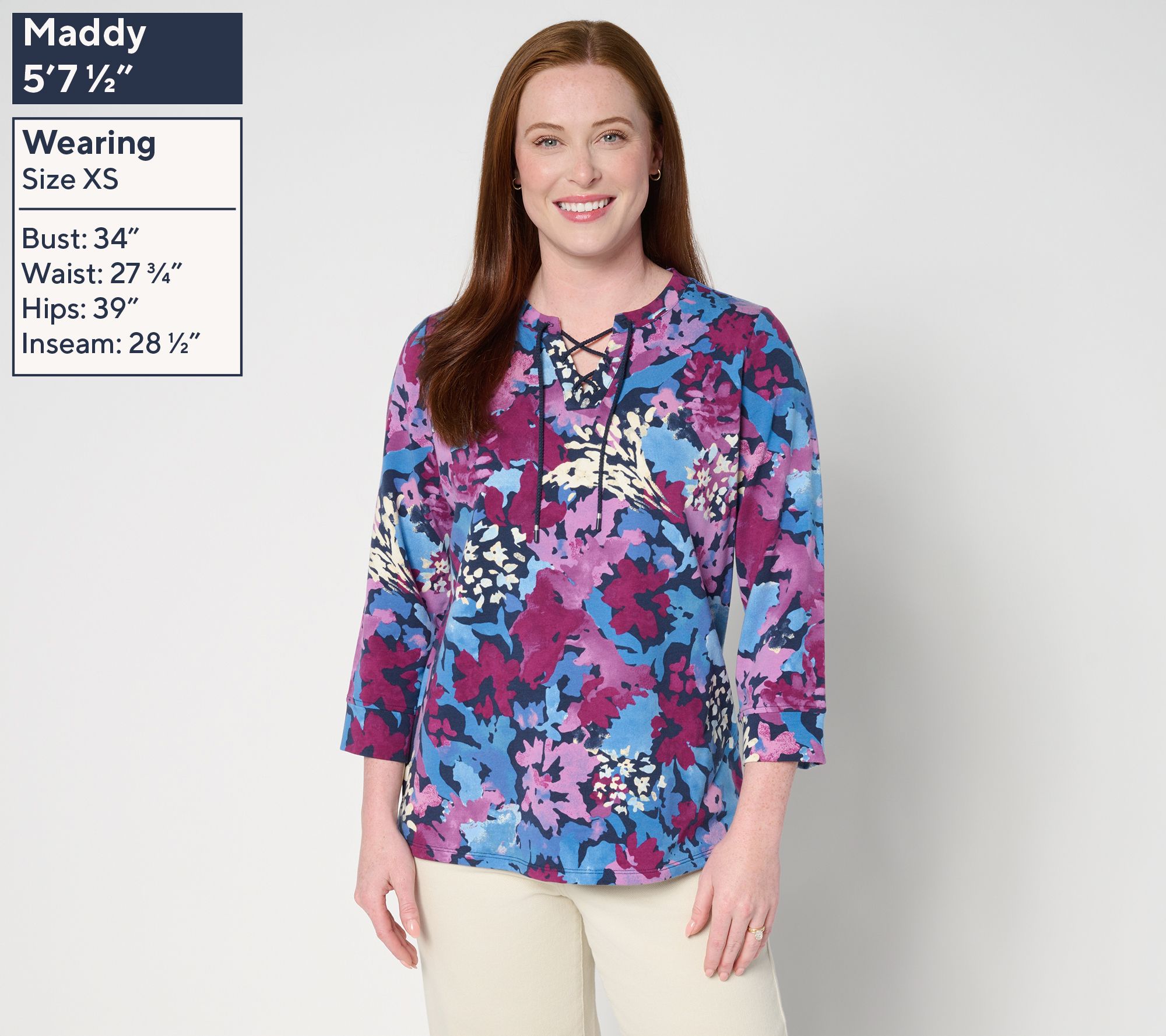 トップス YQ uuuu Denim & co. Active Printed French Terry 3/4 Sleeve Top - QVC.com