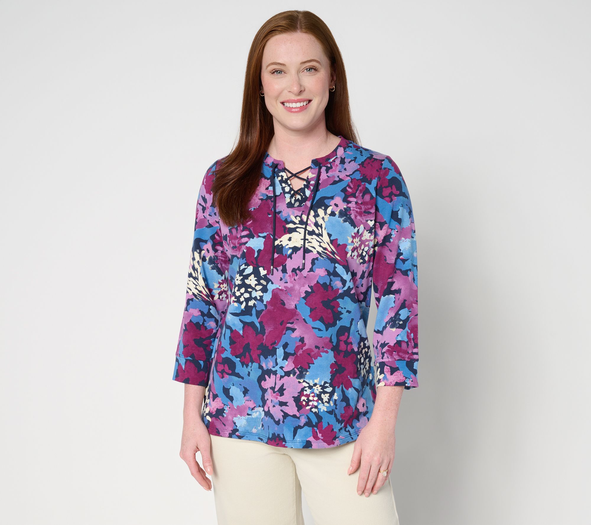 Denim & co. Active Printed French Terry 3/4 Sleeve Top