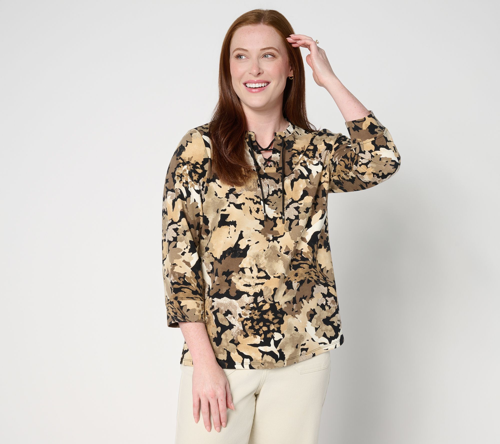 Denim & co. Active Printed French Terry 3/4 Sleeve Top