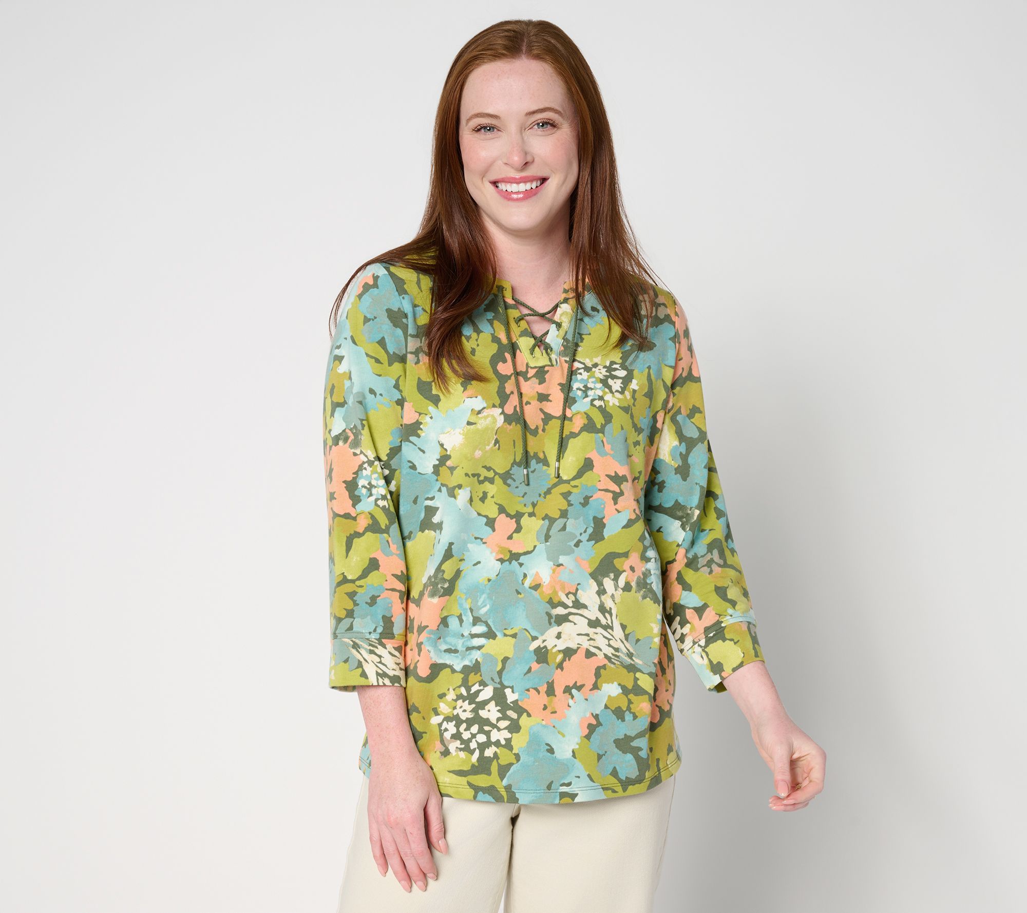 Denim & co. Active Printed French Terry 3/4 Sleeve Top