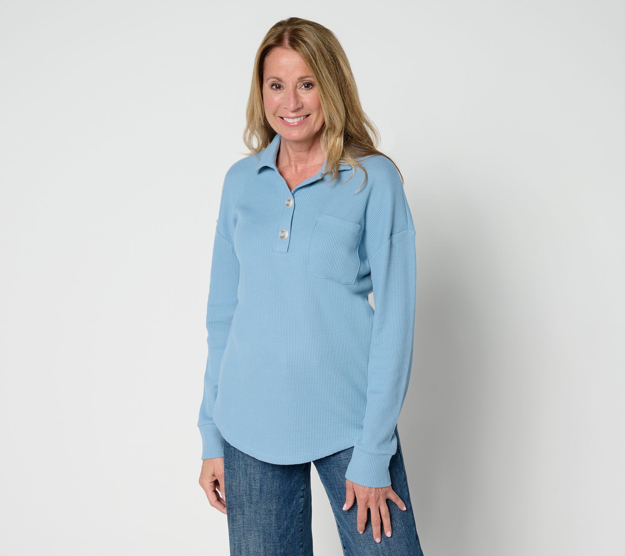 Belle by Kim Gravel Micro Waffle Horn Button Henley Top