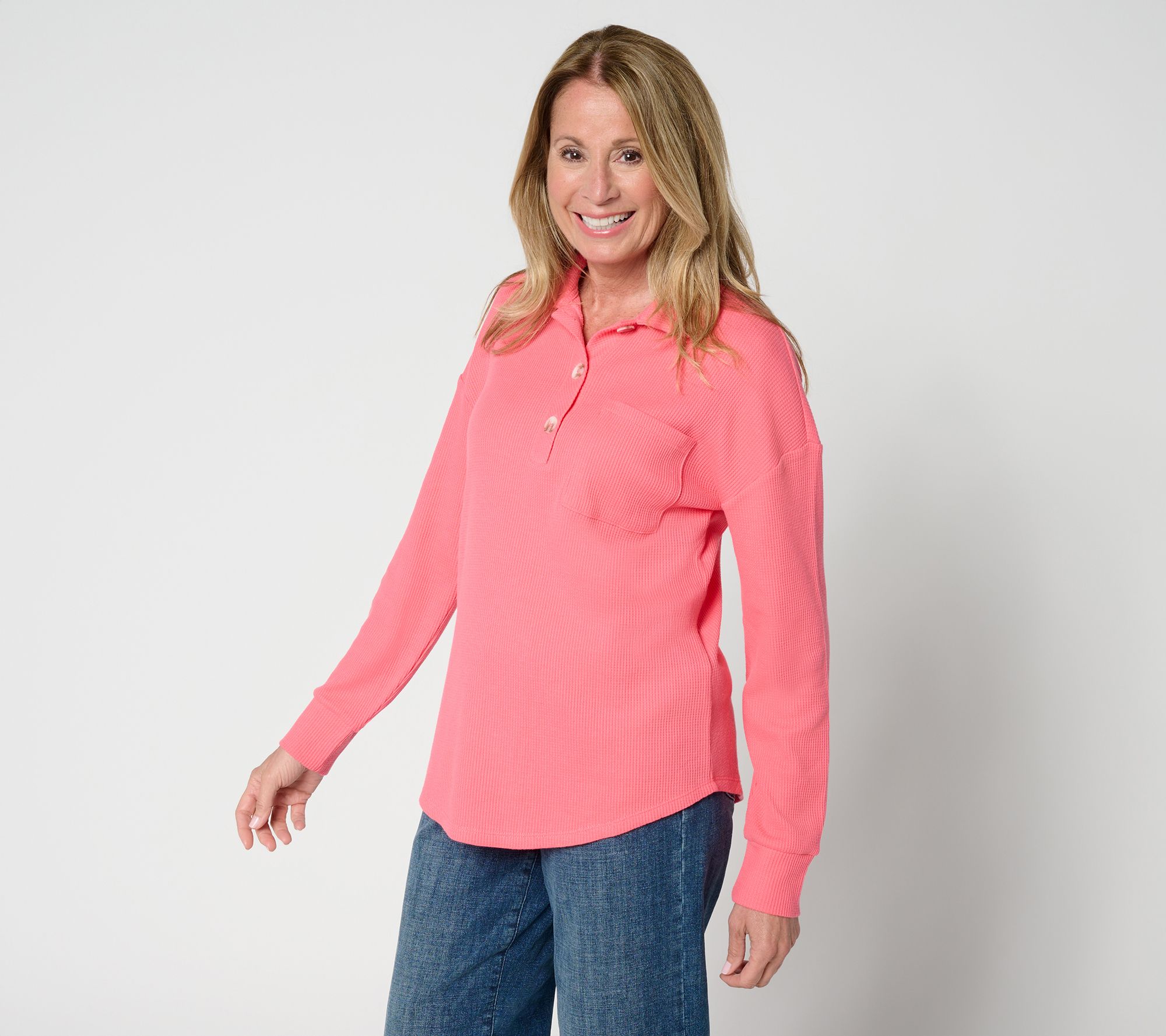 Belle by Kim Gravel Micro Waffle Horn Button Henley Top