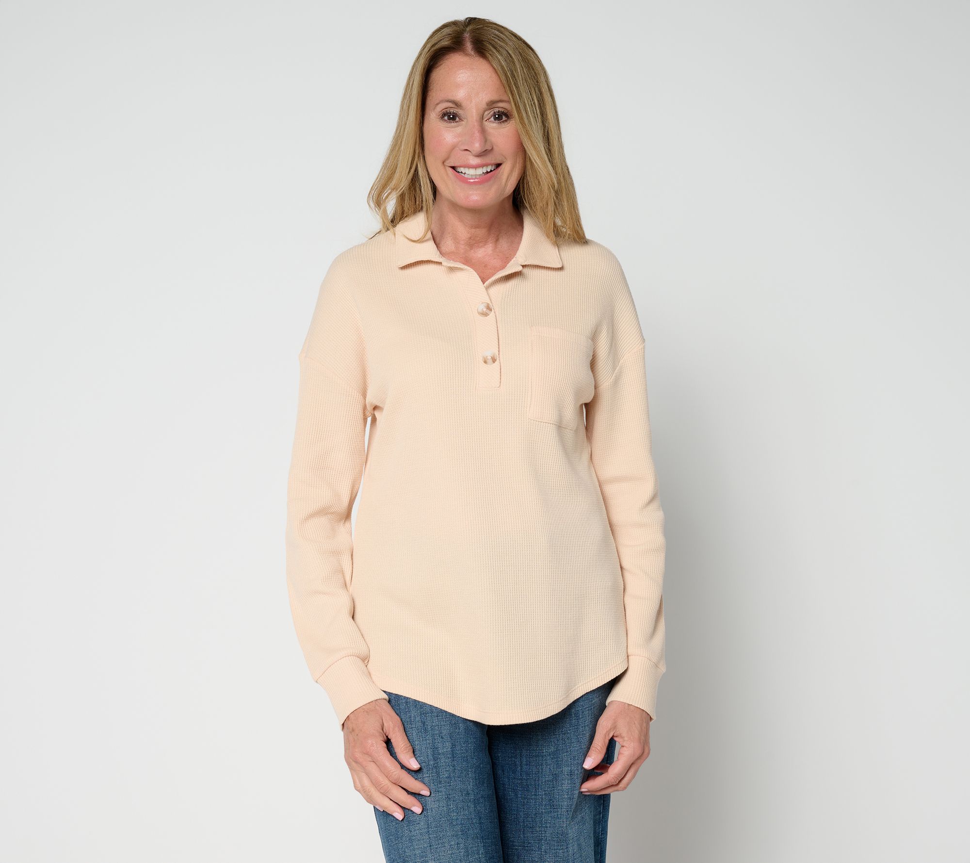 Belle by Kim Gravel Micro Waffle Horn Button Henley Top