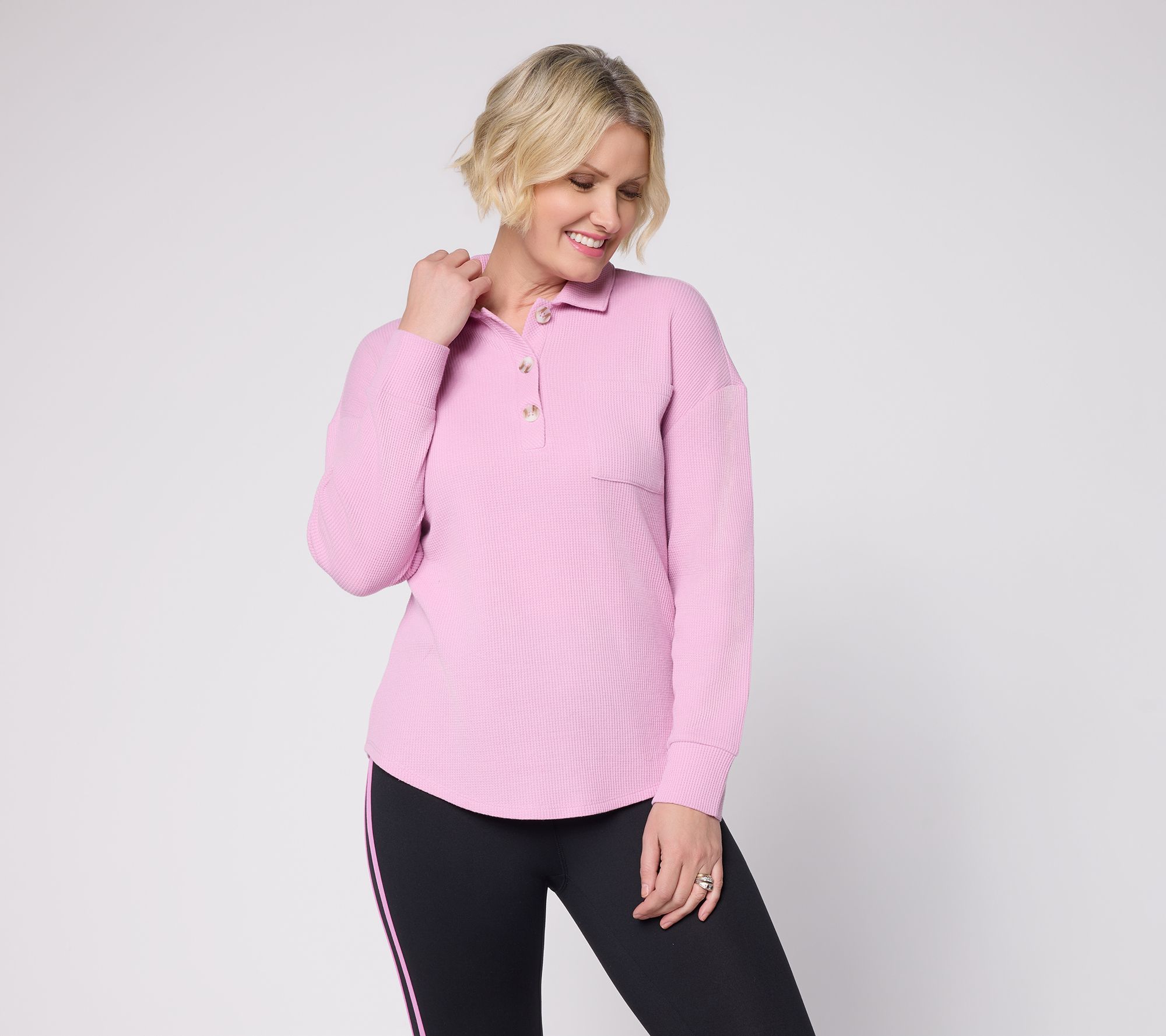 Belle by Kim Gravel Micro Waffle Horn Button Henley Top