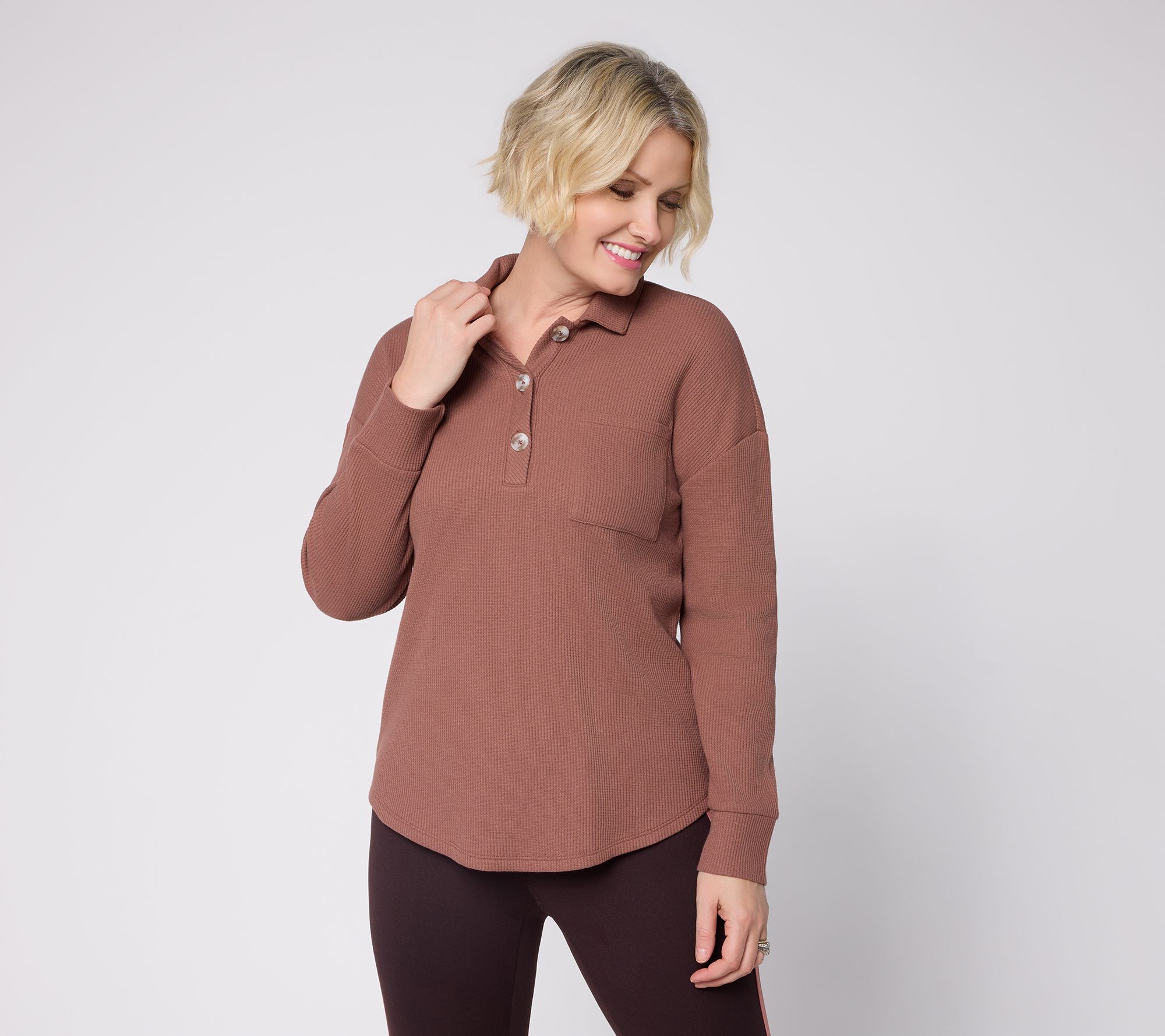 Belle by Kim Gravel Micro Waffle Horn Button Henley Top