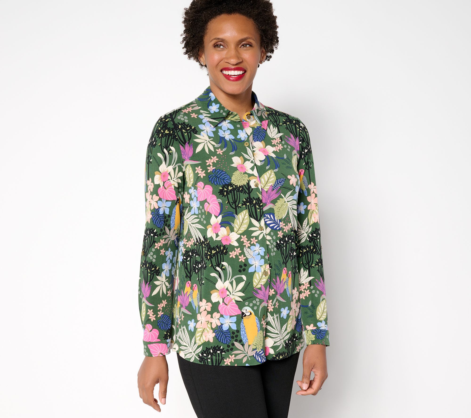 Susan Graver Petite Printed Liquid Knit Button Front Top