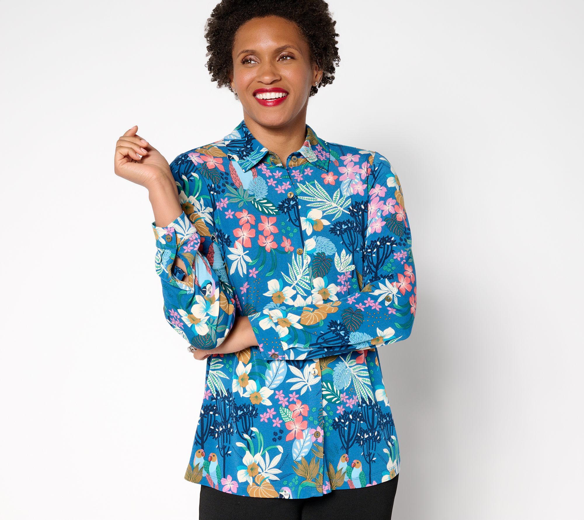 Susan Graver Petite Printed Liquid Knit Button Front Top