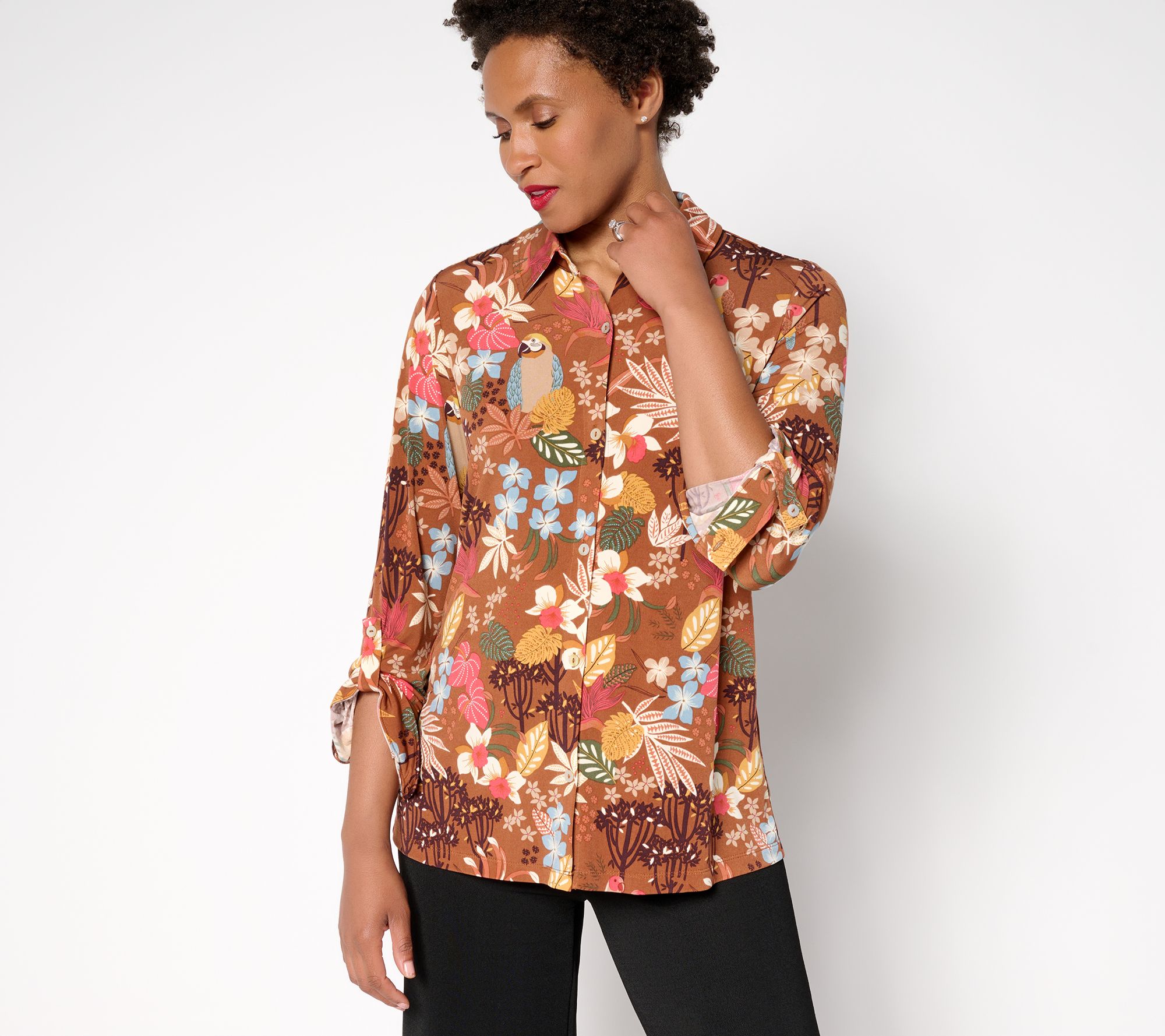 Susan Graver Petite Printed Liquid Knit Button Front Top