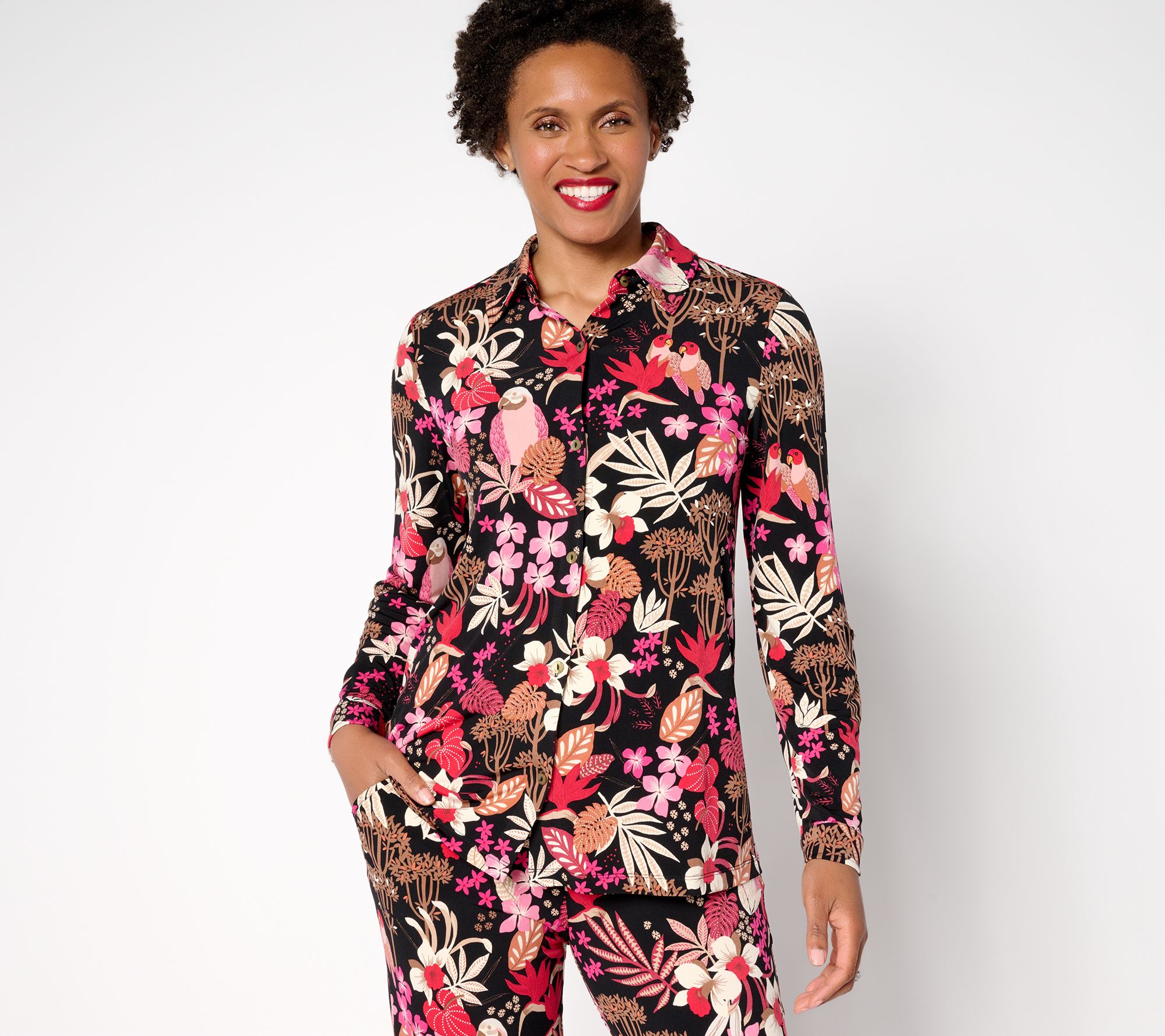 Susan Graver Petite Printed Liquid Knit Button Front Top