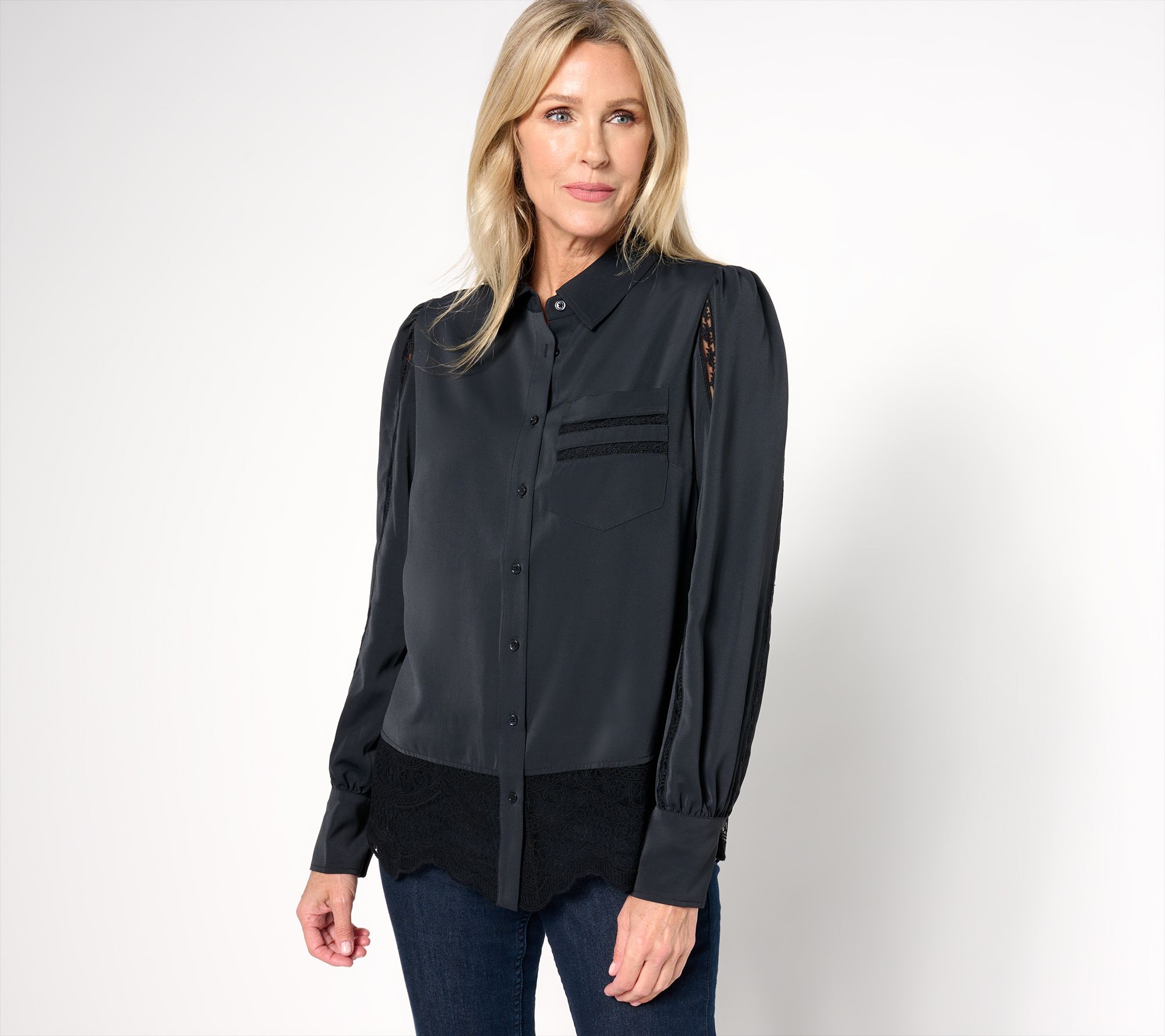 "As Is" BEAUTIFUL by Lawrence Zarian Blouson Sleeve Shirt with Lace