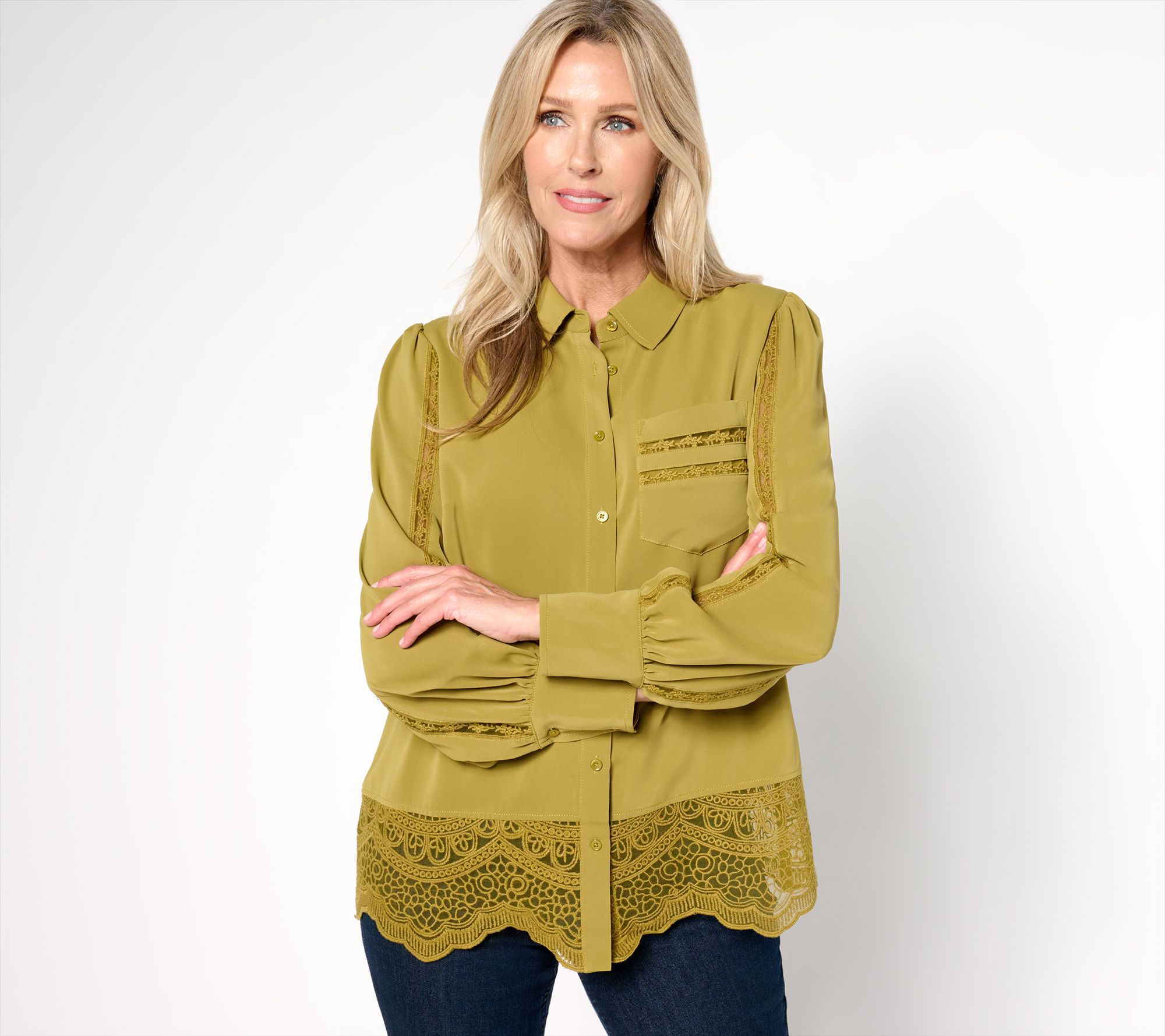 "As Is" BEAUTIFUL by Lawrence Zarian Blouson Sleeve Shirt with Lace