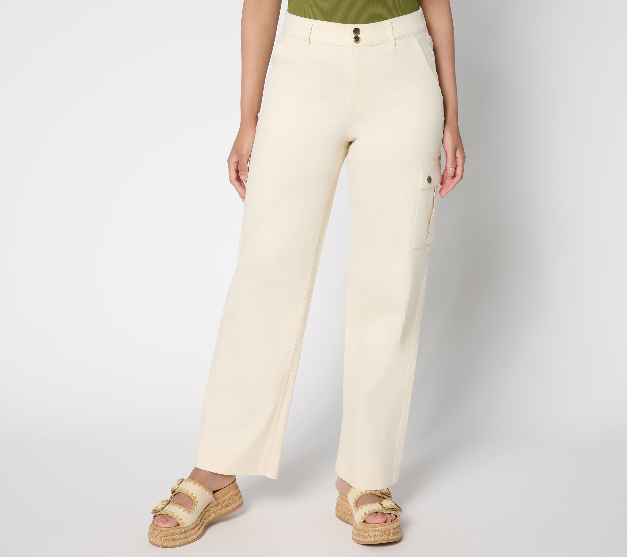 Denim & Co. Petite Double Button Wide Leg Twill Pant