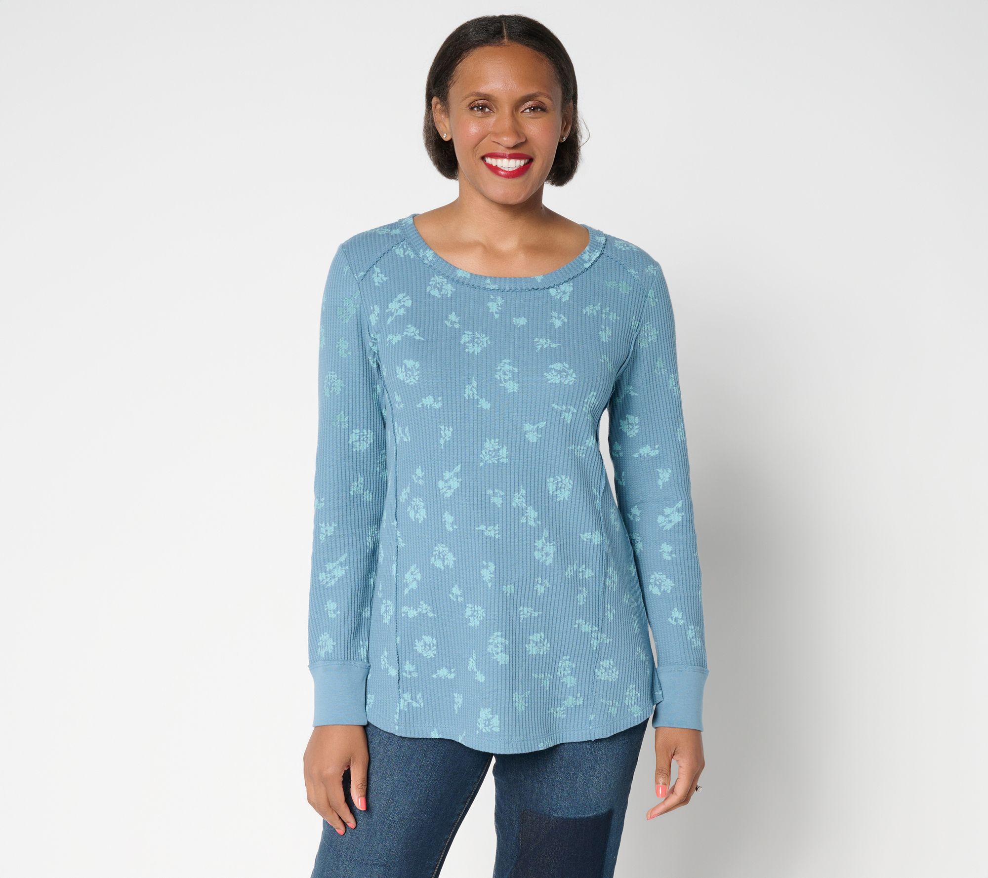 LOGO by Lori Goldstein Printed Waffle Long Sleeve Top