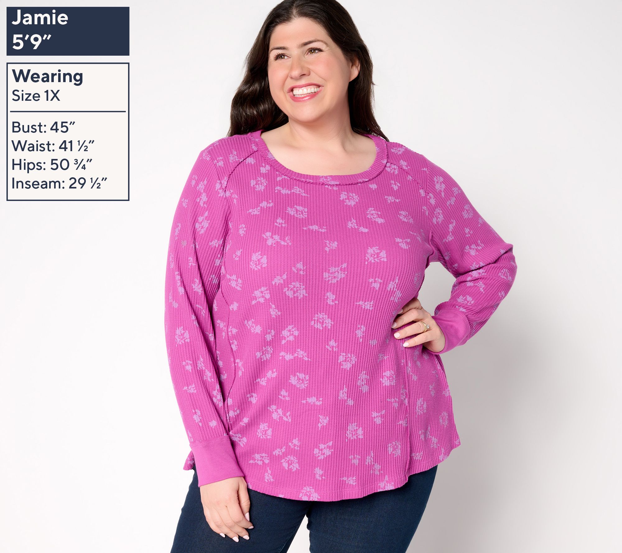 LOGO by Lori Goldstein Printed Waffle Long Sleeve Top - QVC.com