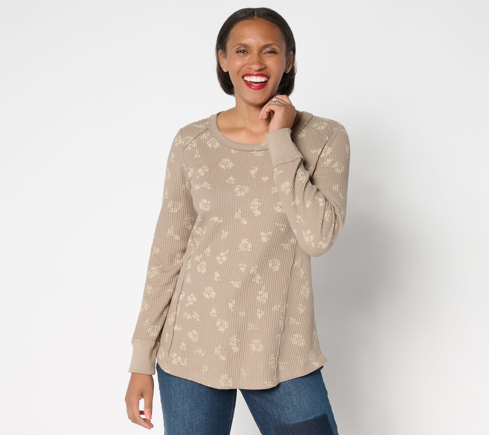 LOGO by Lori Goldstein Printed Waffle Long Sleeve Top