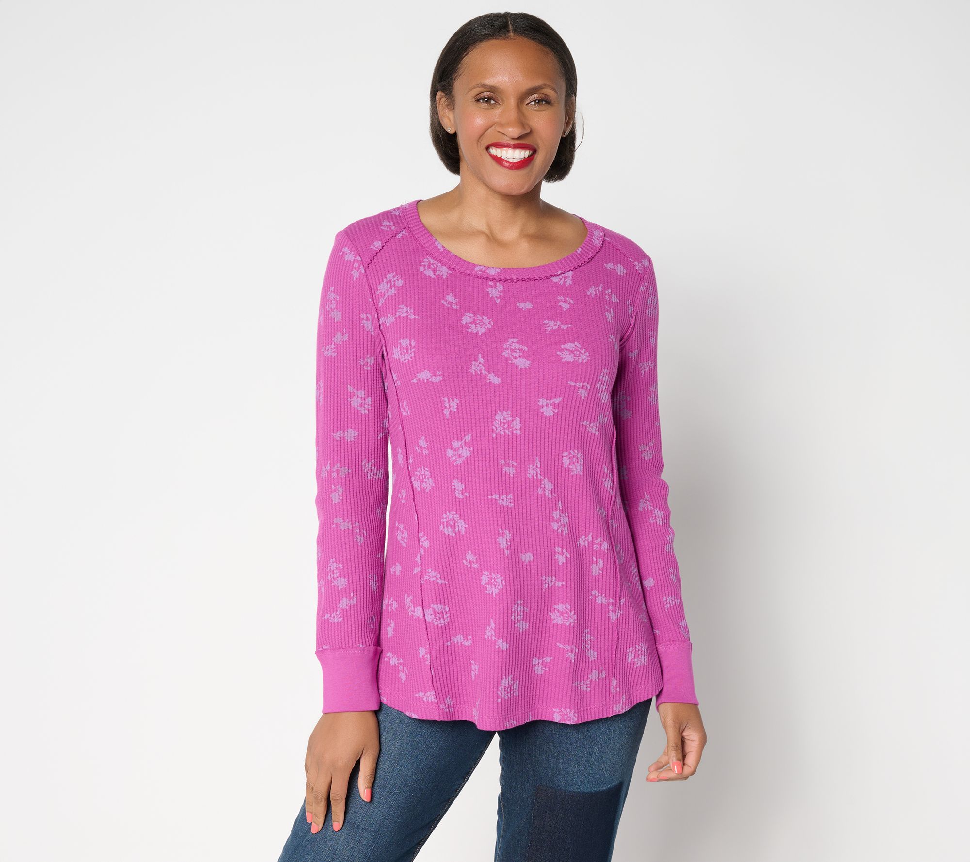 LOGO by Lori Goldstein Printed Waffle Long Sleeve Top