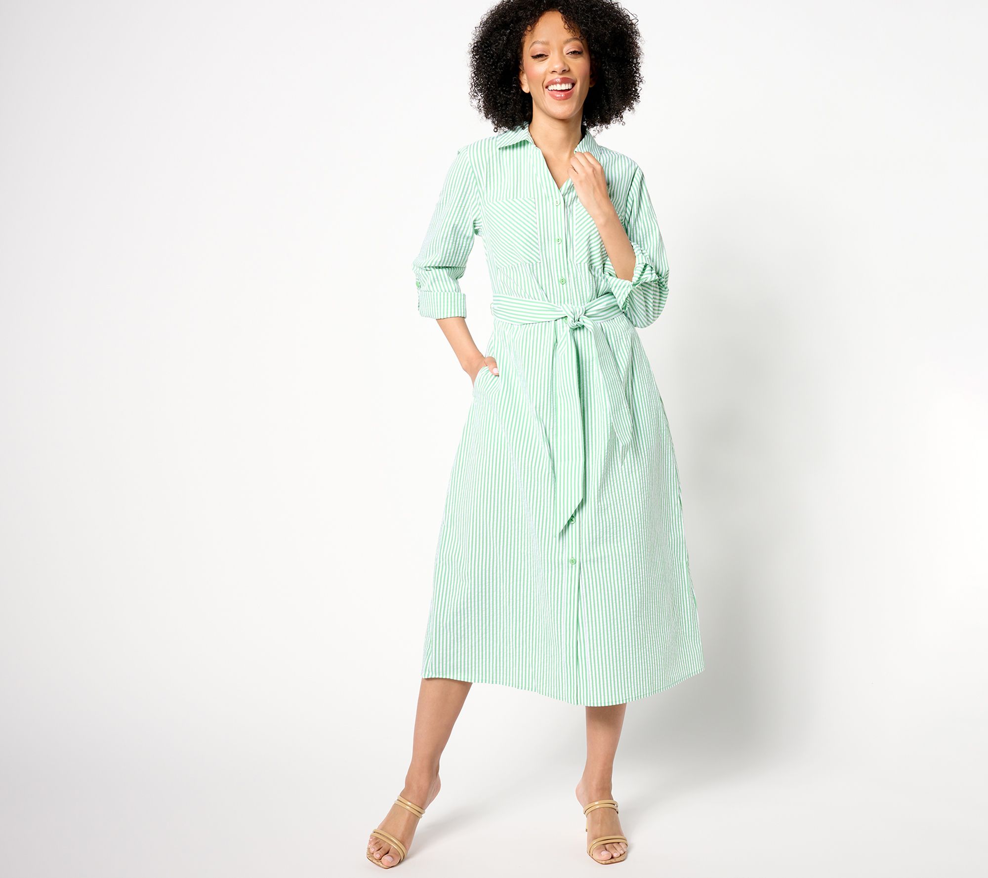 "As Is" Joan Rivers Petite Stretch Seersucker Midi Dress