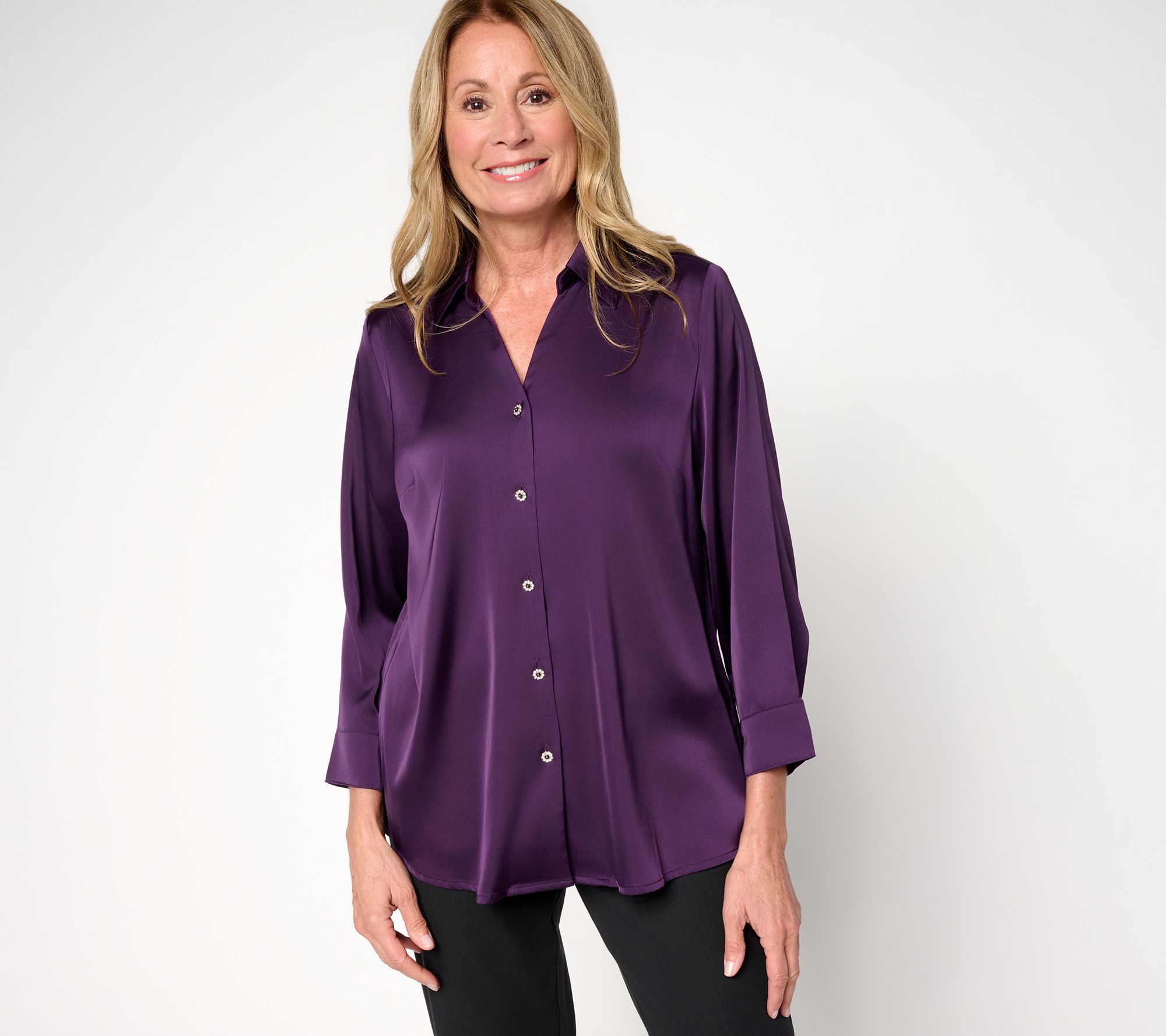 Denim & Co. Stretch Satin Button Front Long Sleeve Blouse