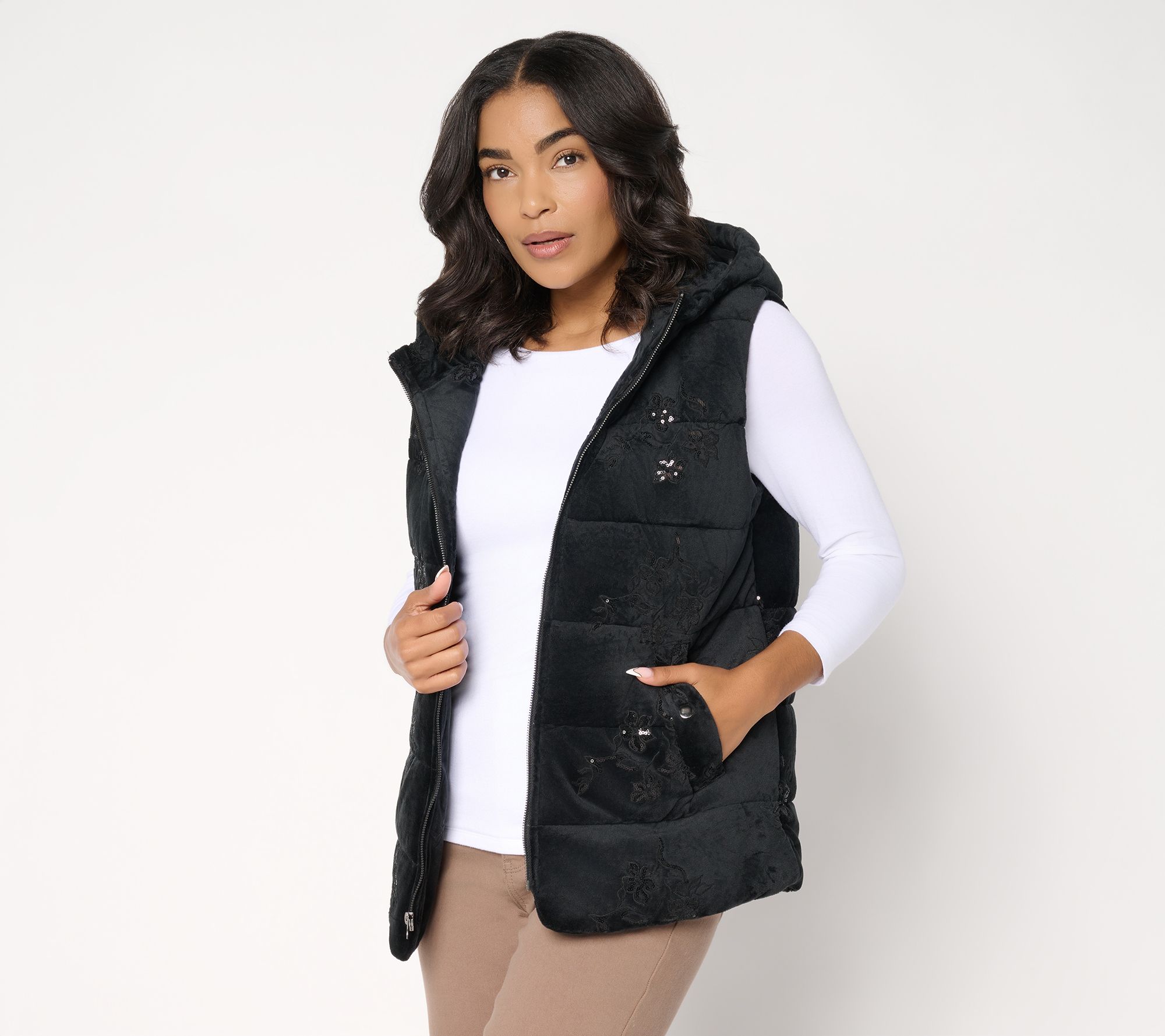 Dennis Basso Regular Velvet Puffer Vest with Sequins