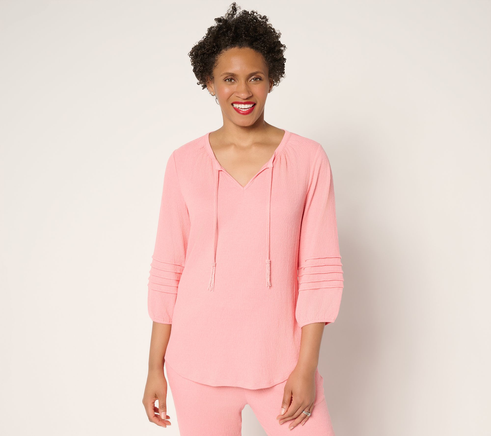 "As Is" Denim & Co. Beach Knit Gauze Split Neck Top with Tassels