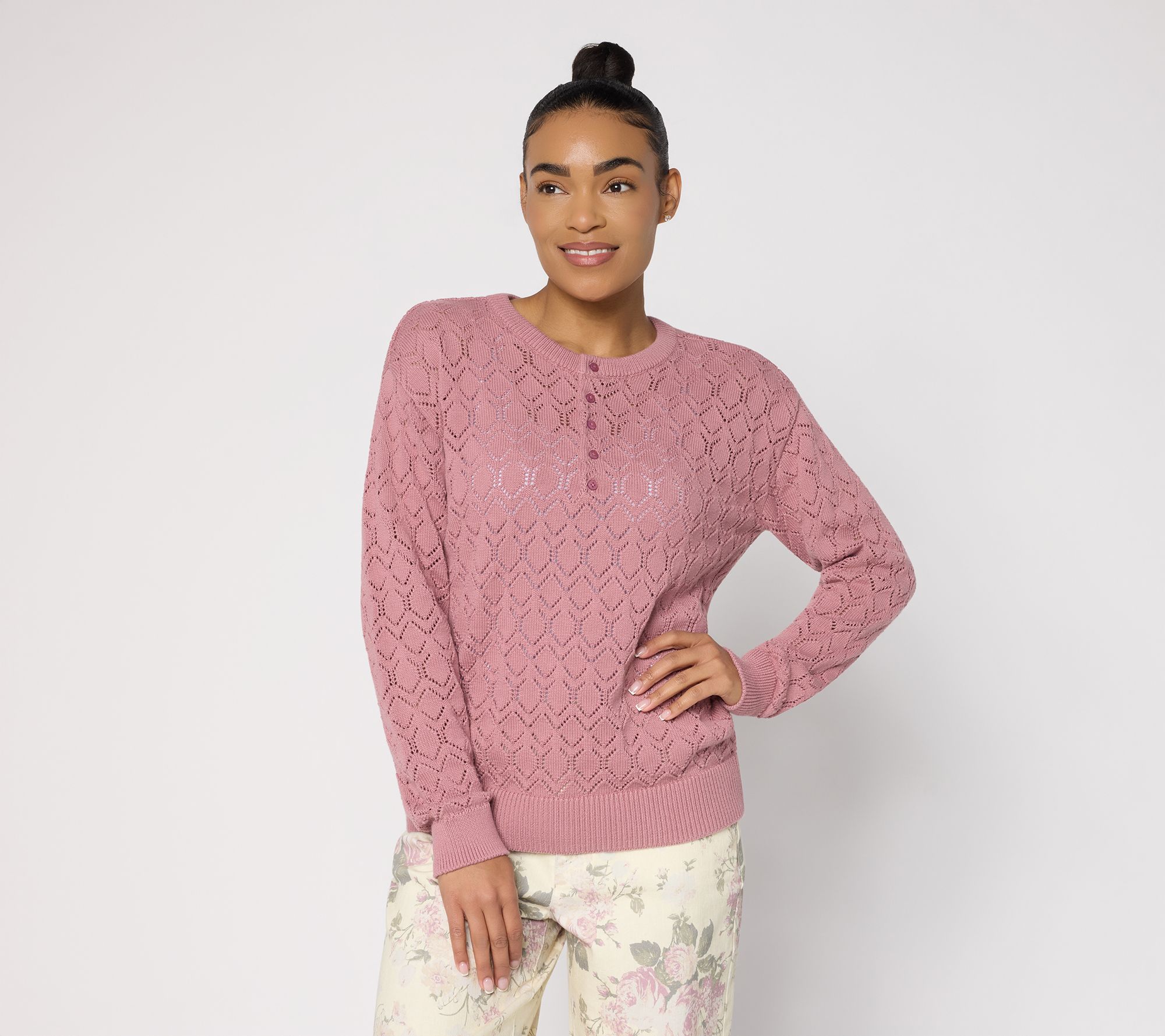 Me by Jennie Garth Slouchy Pointelle Henley Sweater