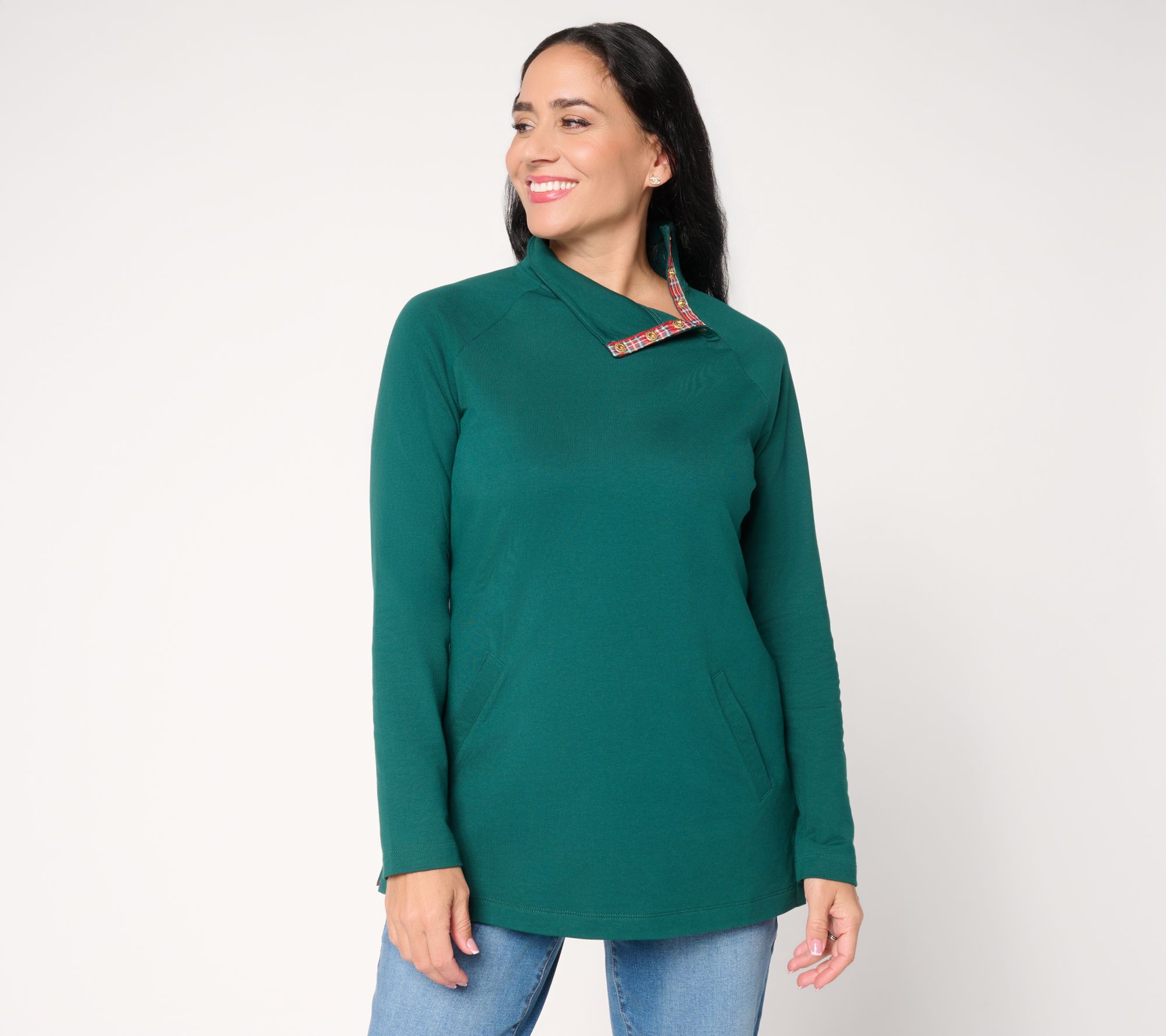 "As Is" Denim & Co. Petite French Terry Mock Neck Tunic with Plaid Trim