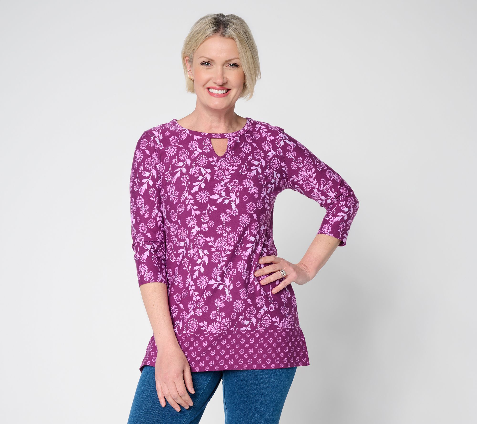 Denim & Co. Petite Printed Favorite Jersey Tunic w/ Border