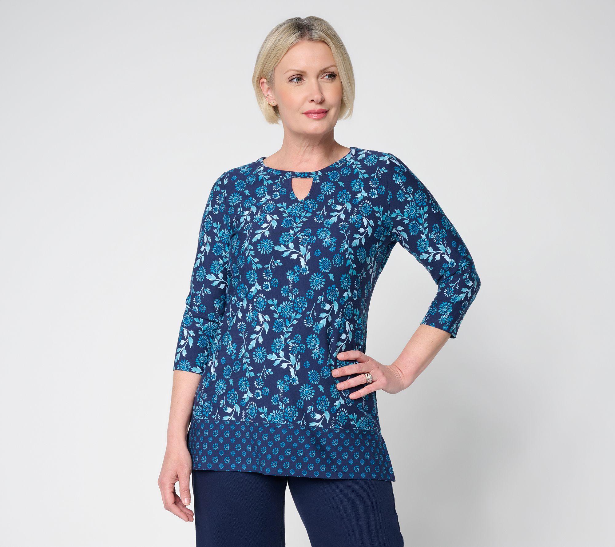 Denim & Co. Petite Printed Favorite Jersey Tunic w/ Border