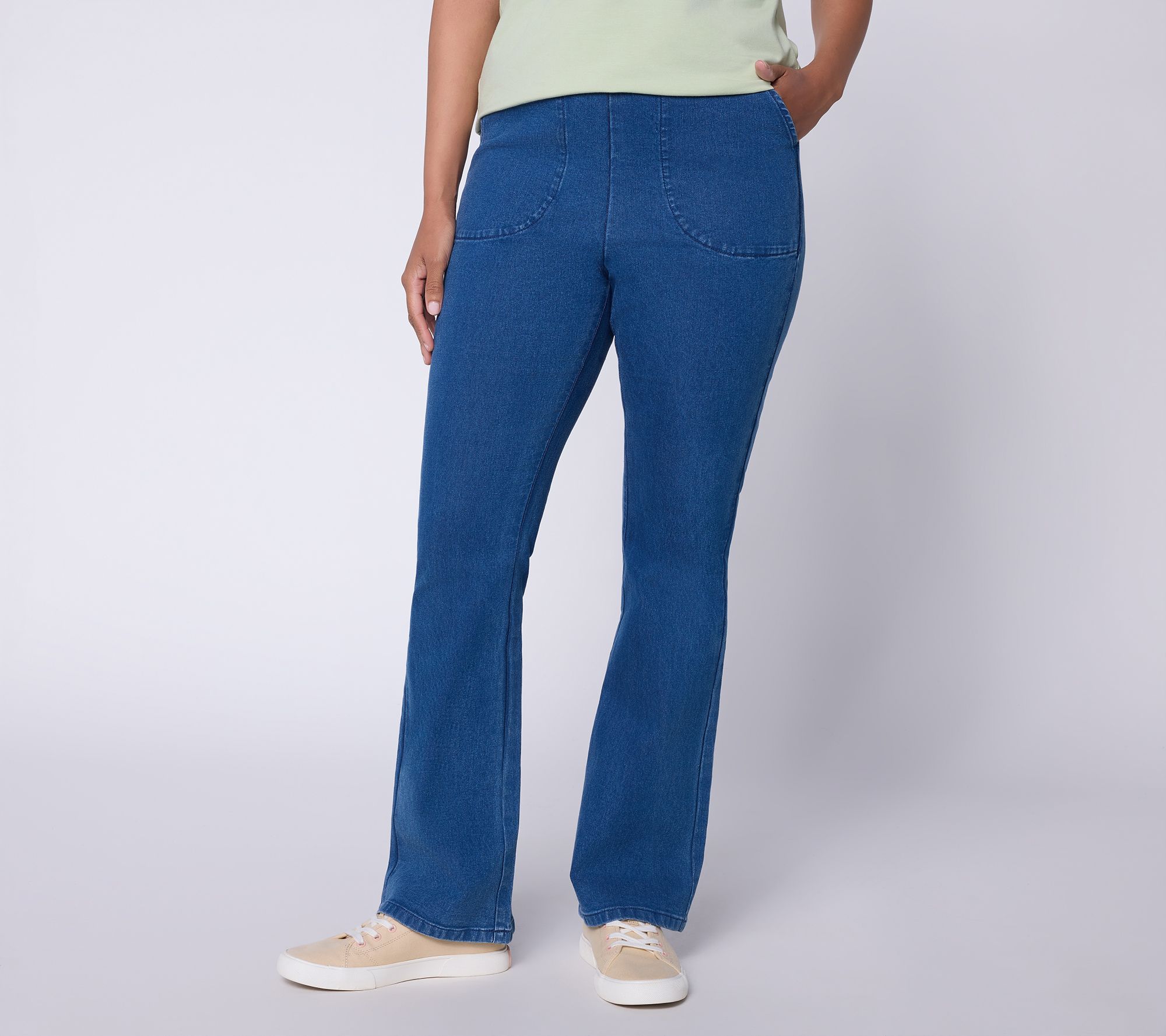 Denim & Co. Petite Indigo Flat Front Lightly Boot Cut Jeans