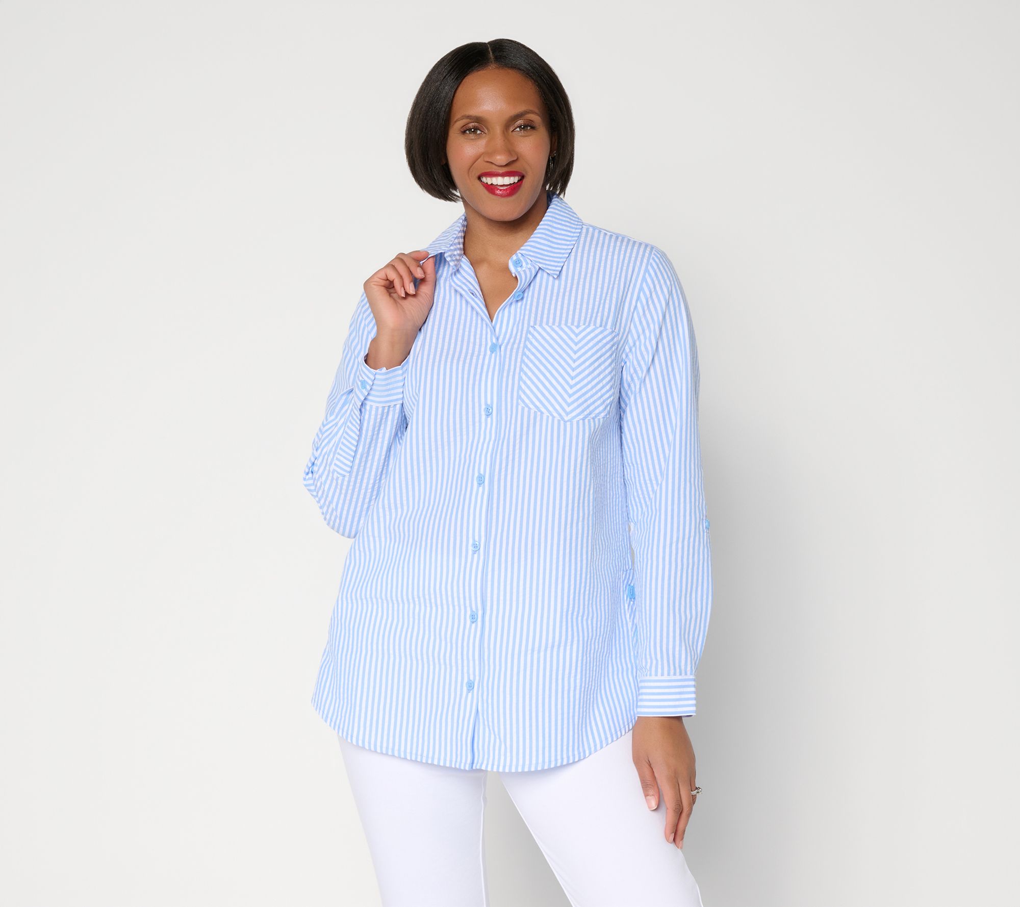 Joan Rivers Seersucker Button-Front Boyfriend Shirt w/ Side Buttons