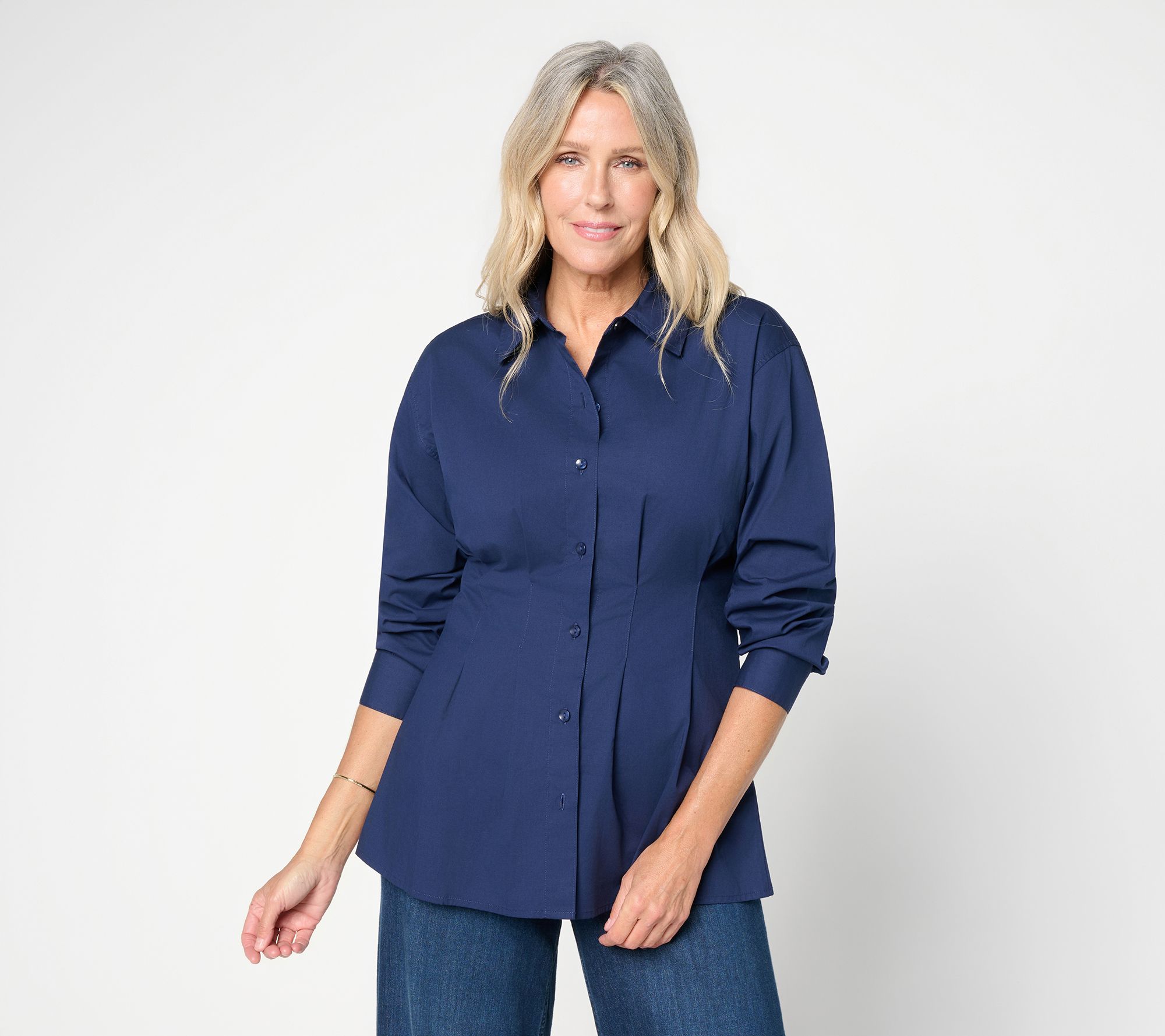 Women with Control Petite Poplin Waist Defining Pleats Shirt