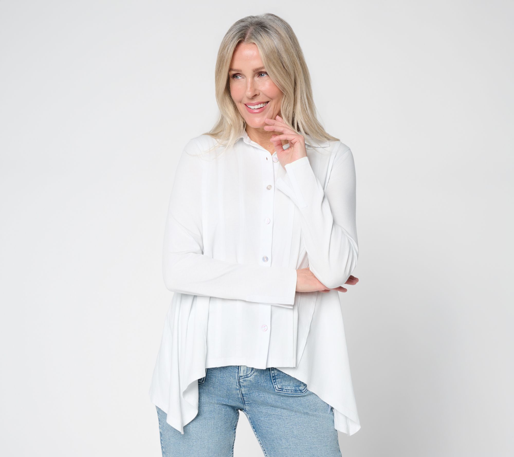 "As Is" LOGO Lavish by Lori Goldstein Shark Bite Shirt with Pintuck Detail