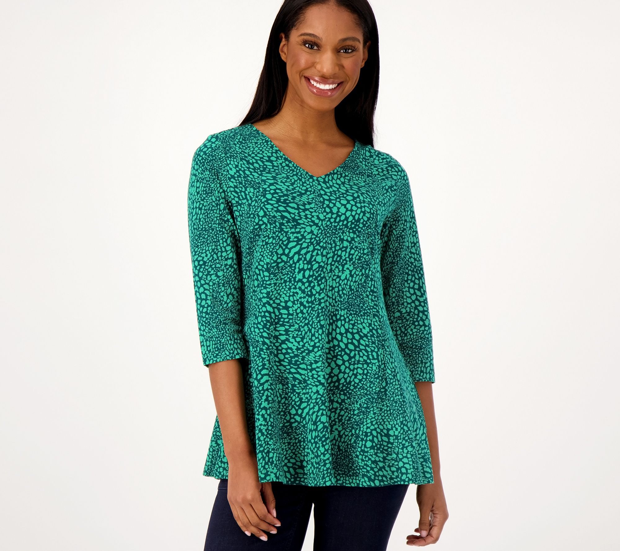 Denim & Co. Animal Print 3/4 Sleeve V-Neck Fit & Flare Tunic Top