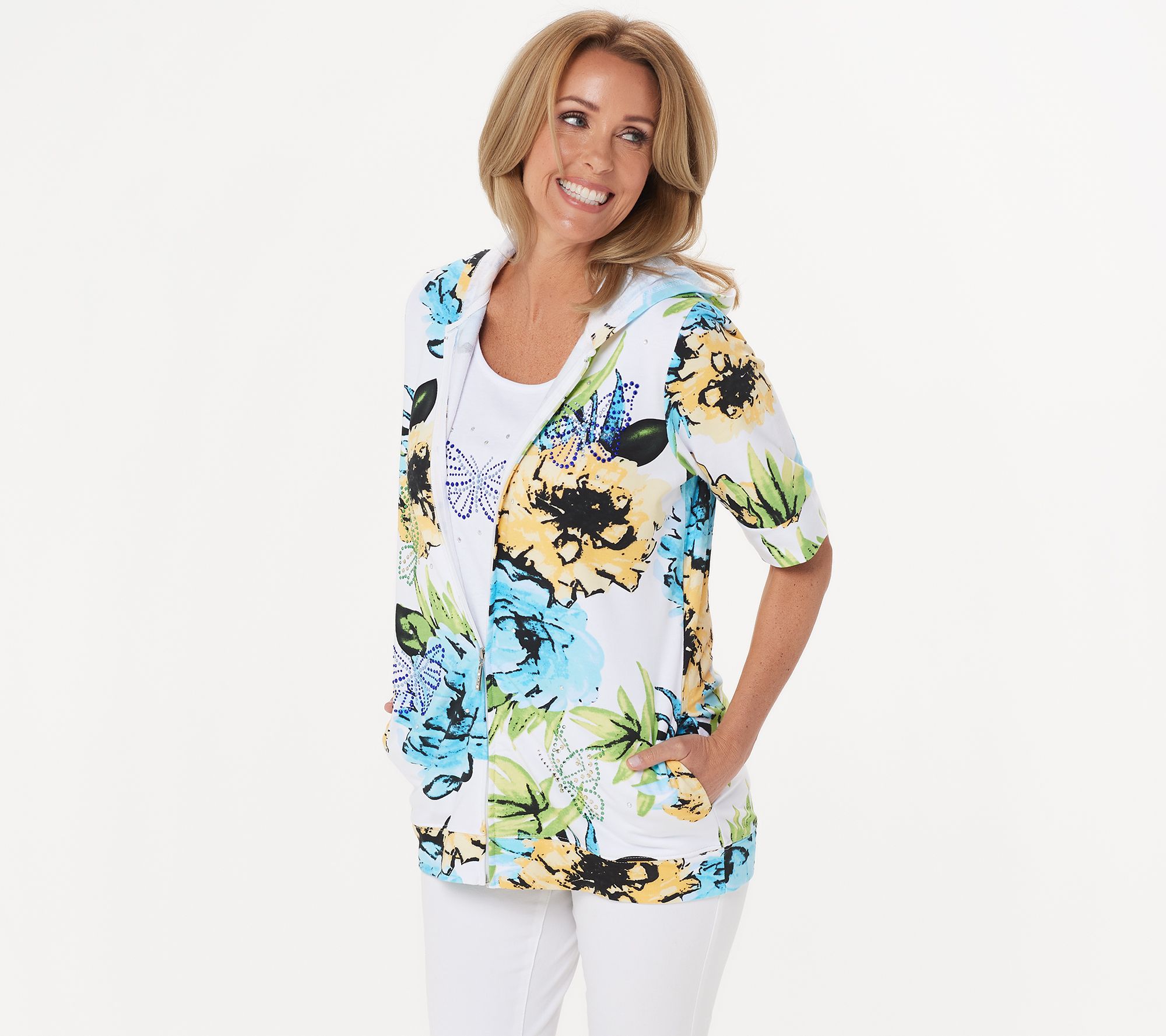 Quacker Factory Floral Printed Jacket and Tank with Rhinestones Set ...