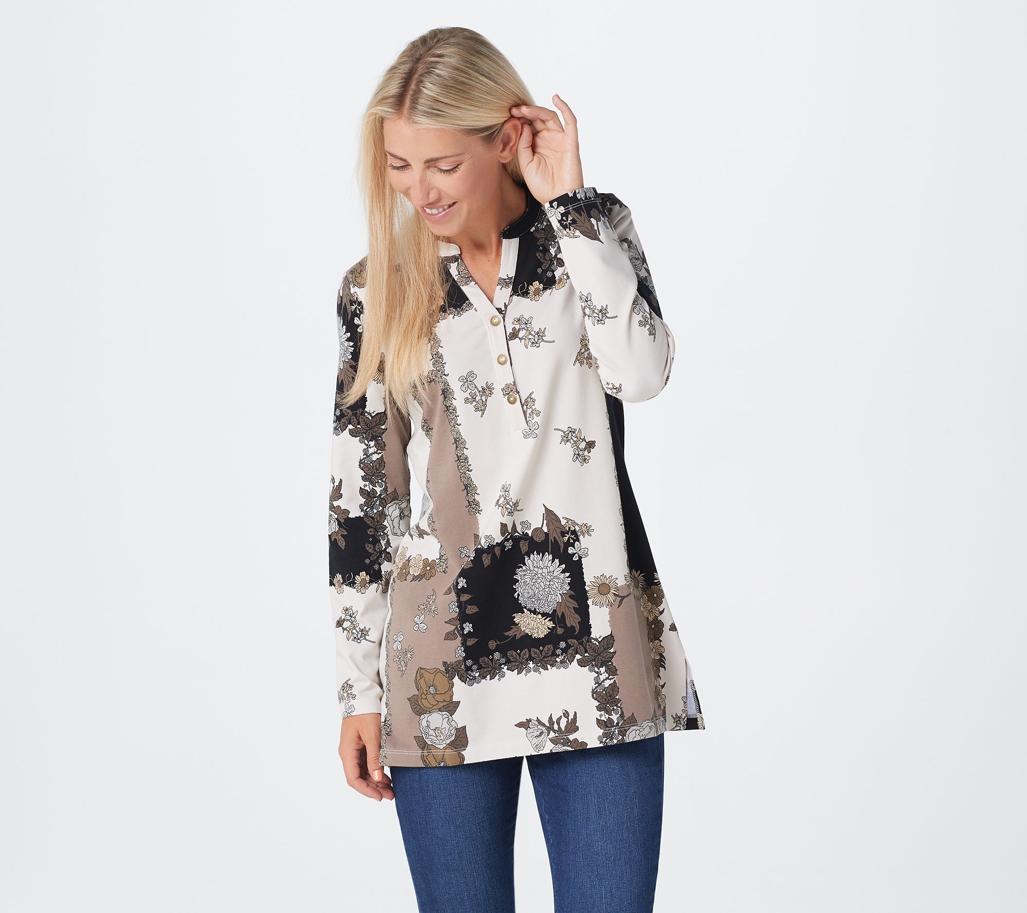 Denim & Co. Printed Perfect Jersey Y-Neck Long- Sleeve Tunic - QVC.com