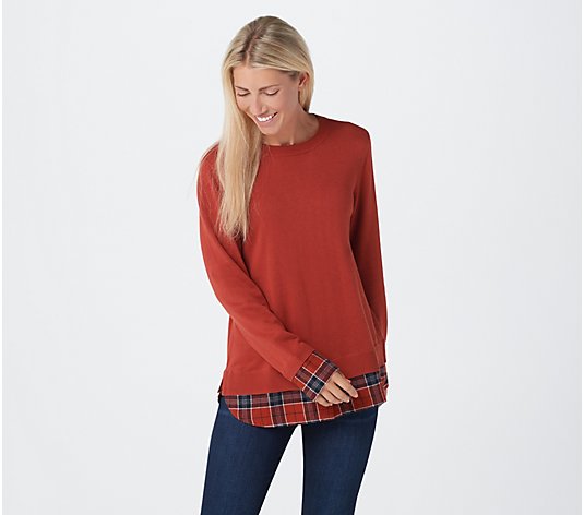 Joan Rivers Long Sleeve Sweater with Plaid Details Cuffs & Hem