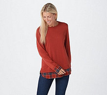  Joan Rivers Long Sleeve Sweater with Plaid Details Cuffs & Hem - A366908