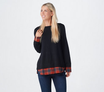Joan Rivers Long Sleeve Sweater with Plaid Details Cuffs & Hem - A366908