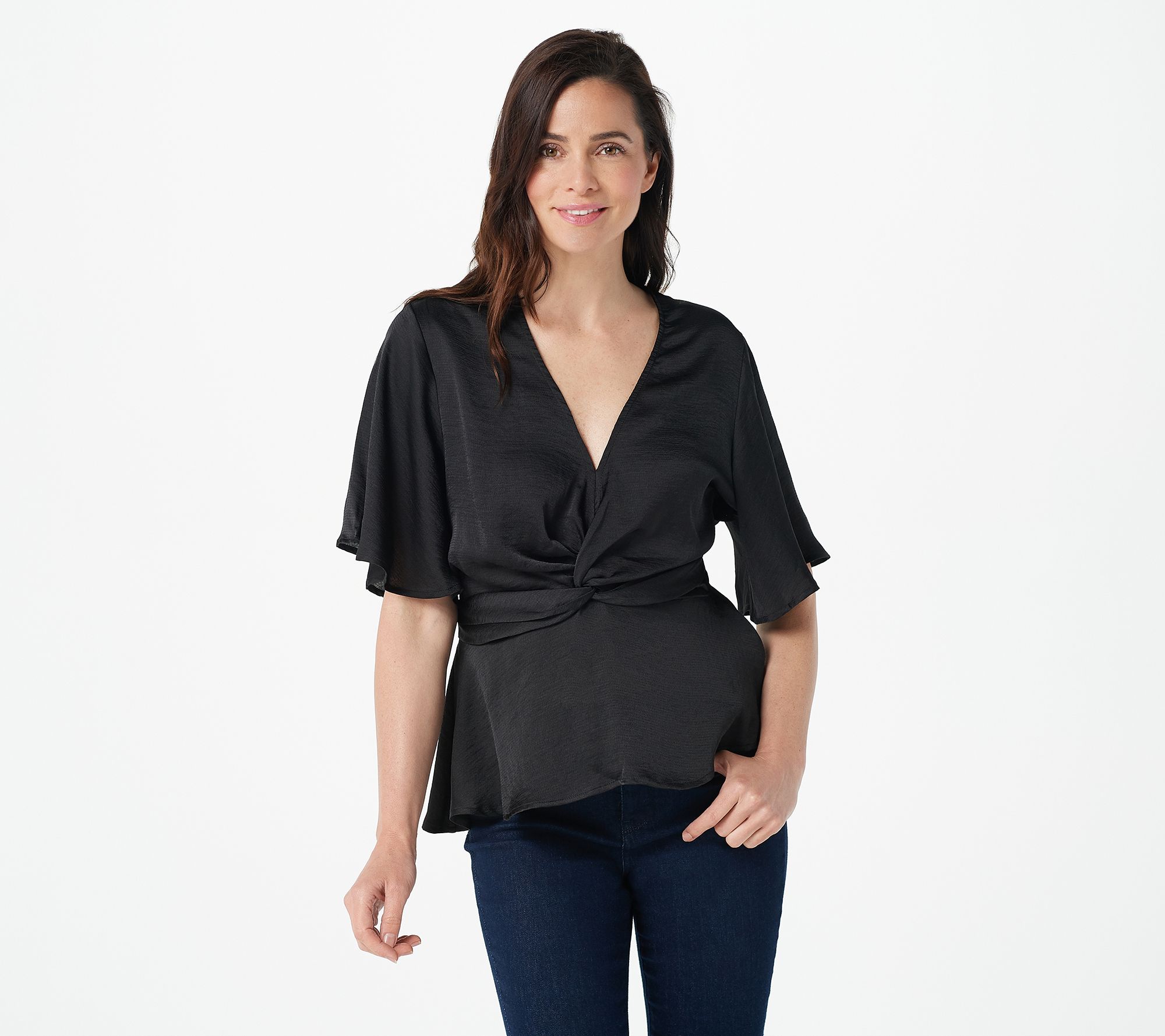 Satin V-neck Twist Front Peplum Top