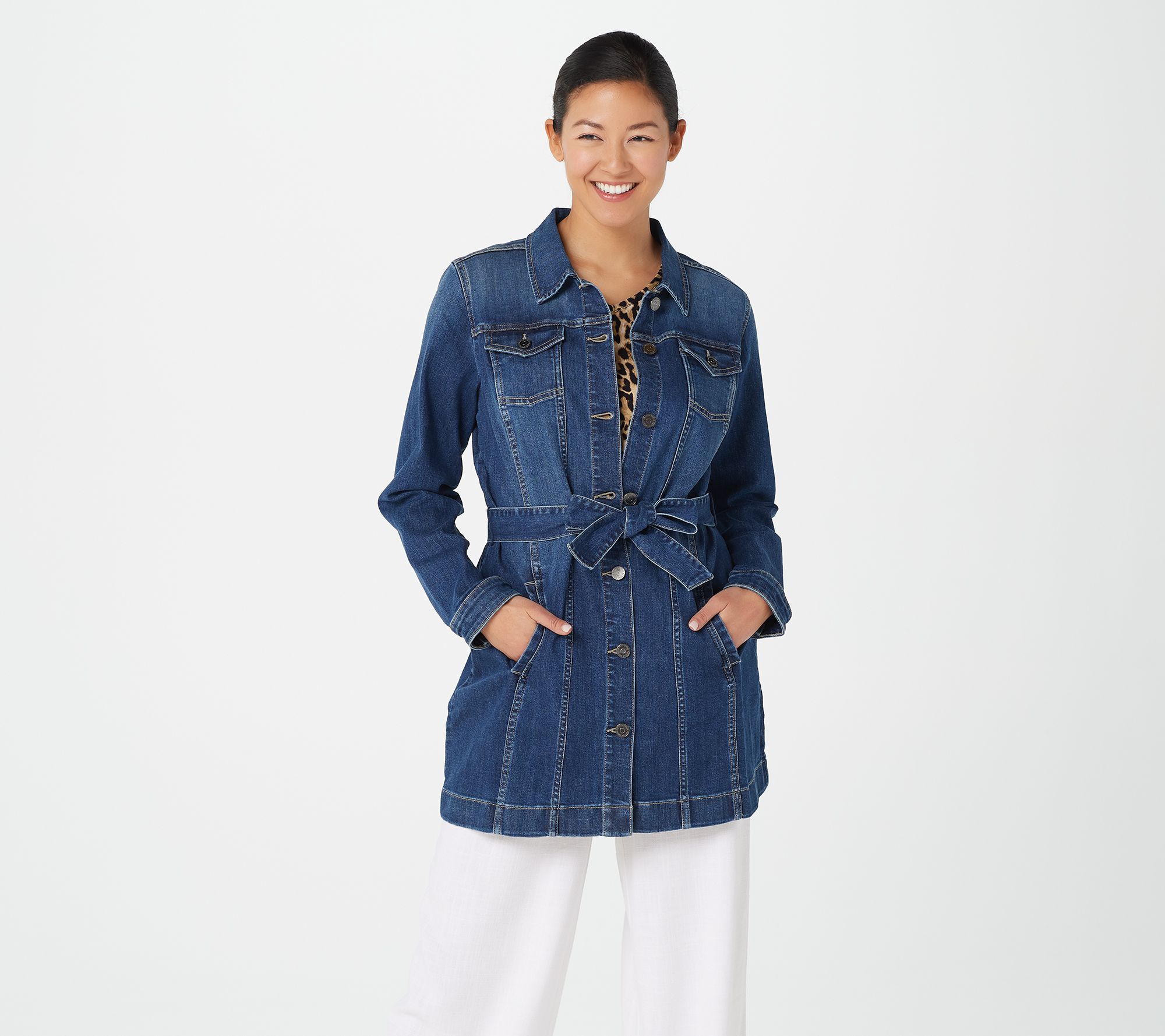 Susan Graver Petite High Stretch Denim Long Jean Jacket, Size 3X, Antique Denim