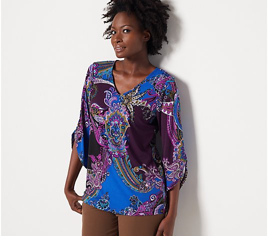 Susan Graver Printed Liquid Knit Top with Tulip Sleeves