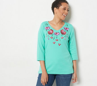 Quacker Factory V-Neck Floral Embroidered 3/4-Sleeve Top - A468908