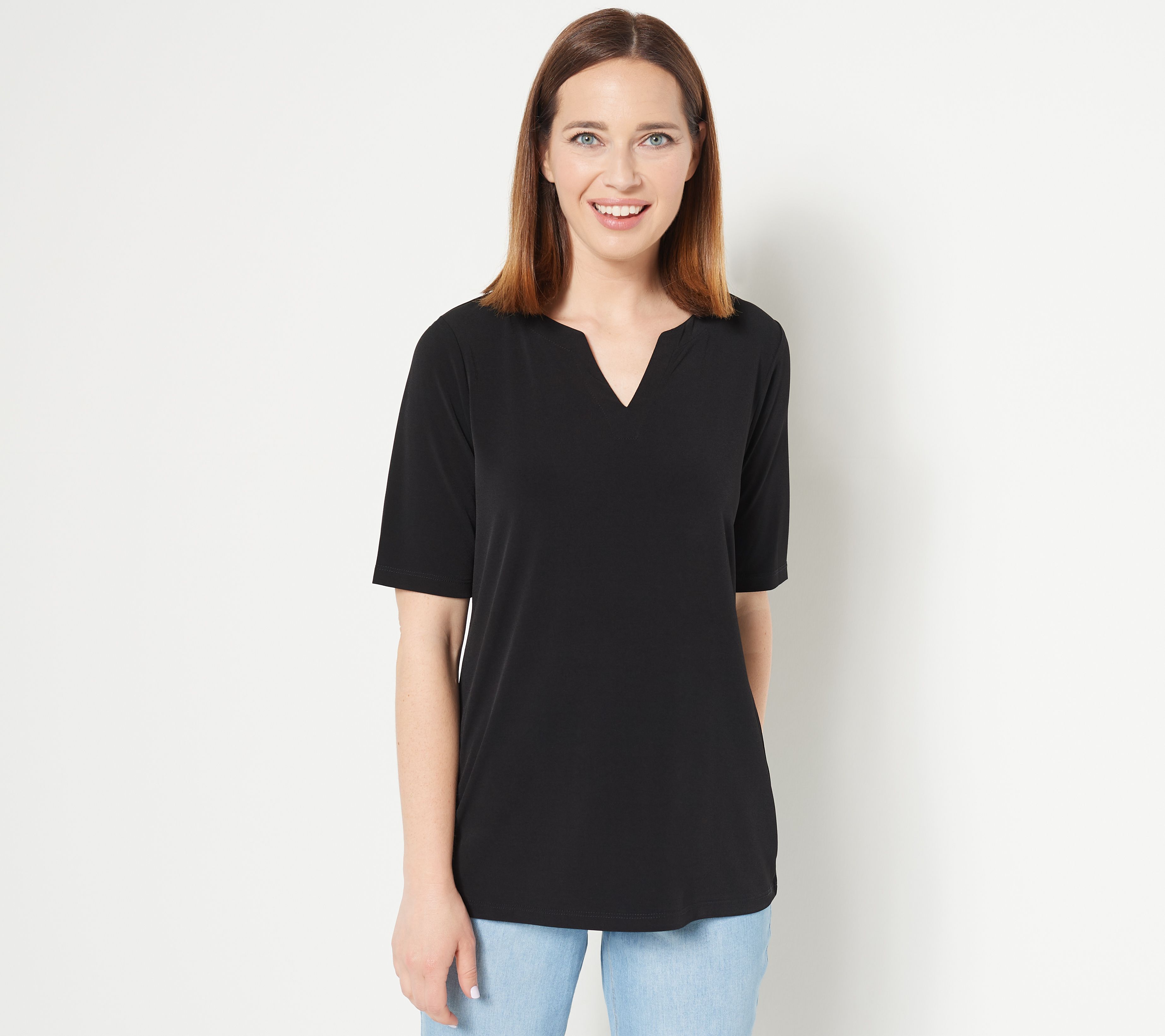 Susan Graver Modern Essentials Liquid Knit Split Neck Top