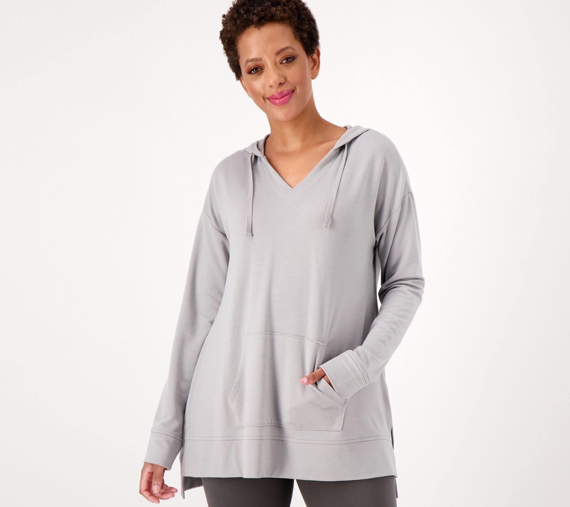 Denim & Co. Comfort Zone Soft Blend Knit V-Neck Hooded Tunic - QVC.com