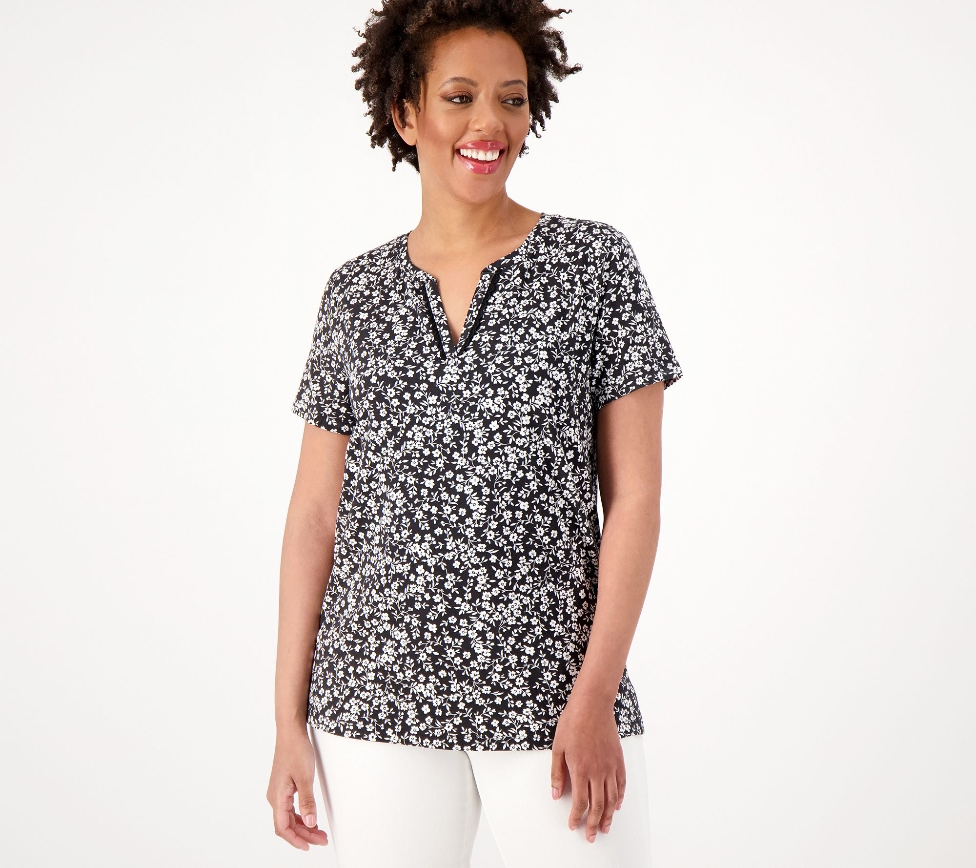 Isaac Mizrahi Live! Split Neck Top with Eyelet Detail